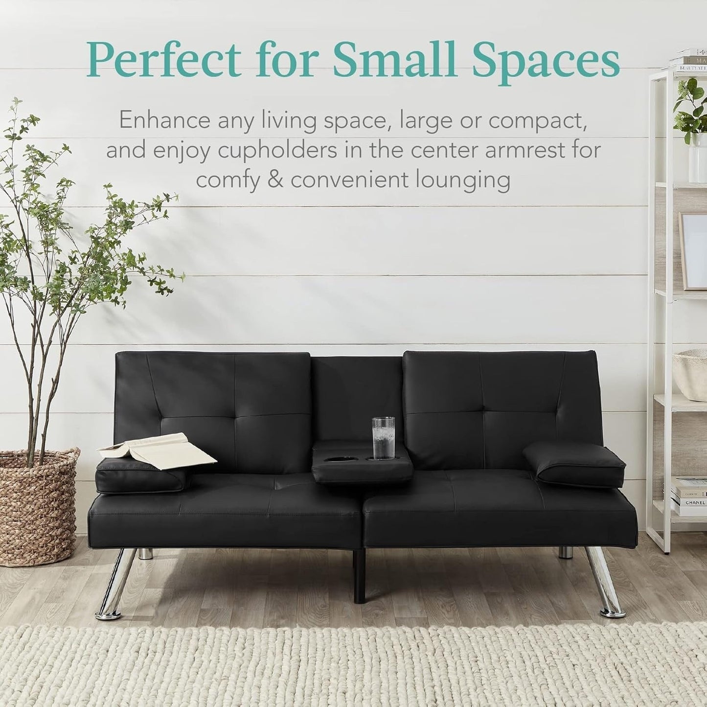 Best Choice Faux Leather Convertible Futon - Adjustable Sofa Bed with Removable Armrests, BlackÂ