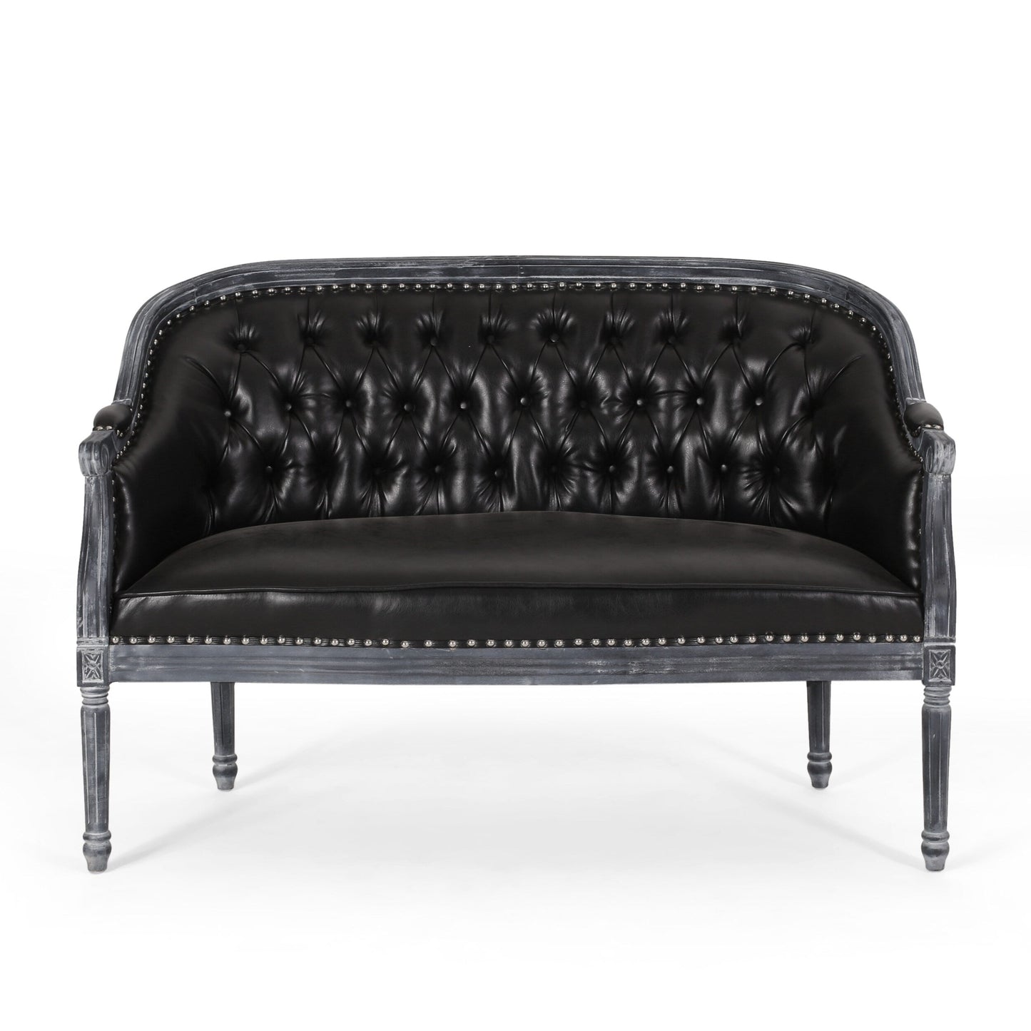 Black 49.5 Faux Leather Loveseat Sofa with Turned Legs and Nailheads for Living Room
