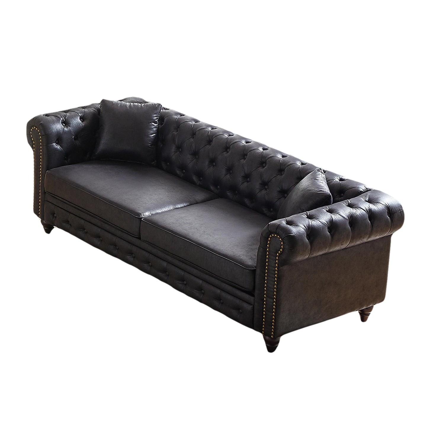 Black 85.5 Tech Fabric 3-seater Rolled Arms Chesterfield Button Sofa with 2 Cushions for Living Room