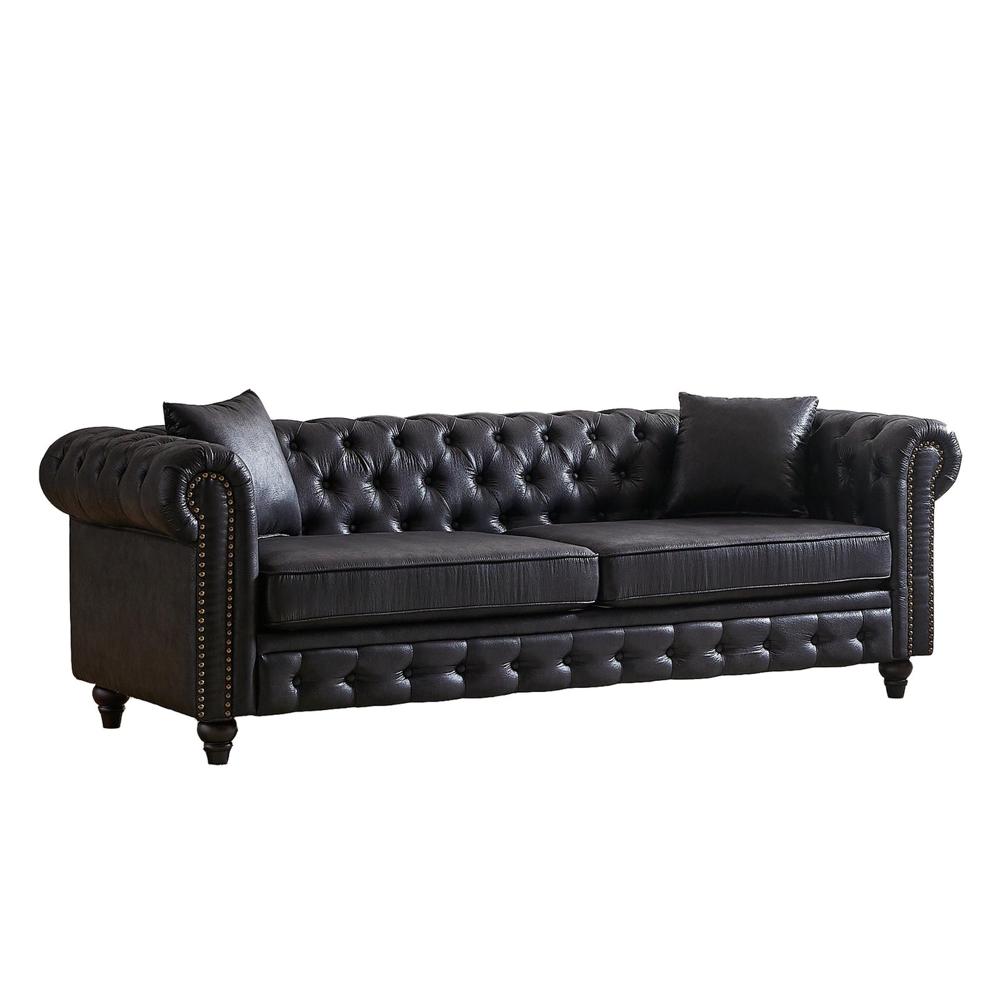 Black 85.5 Tech Fabric 3-seater Rolled Arms Chesterfield Button Sofa with 2 Cushions for Living Room