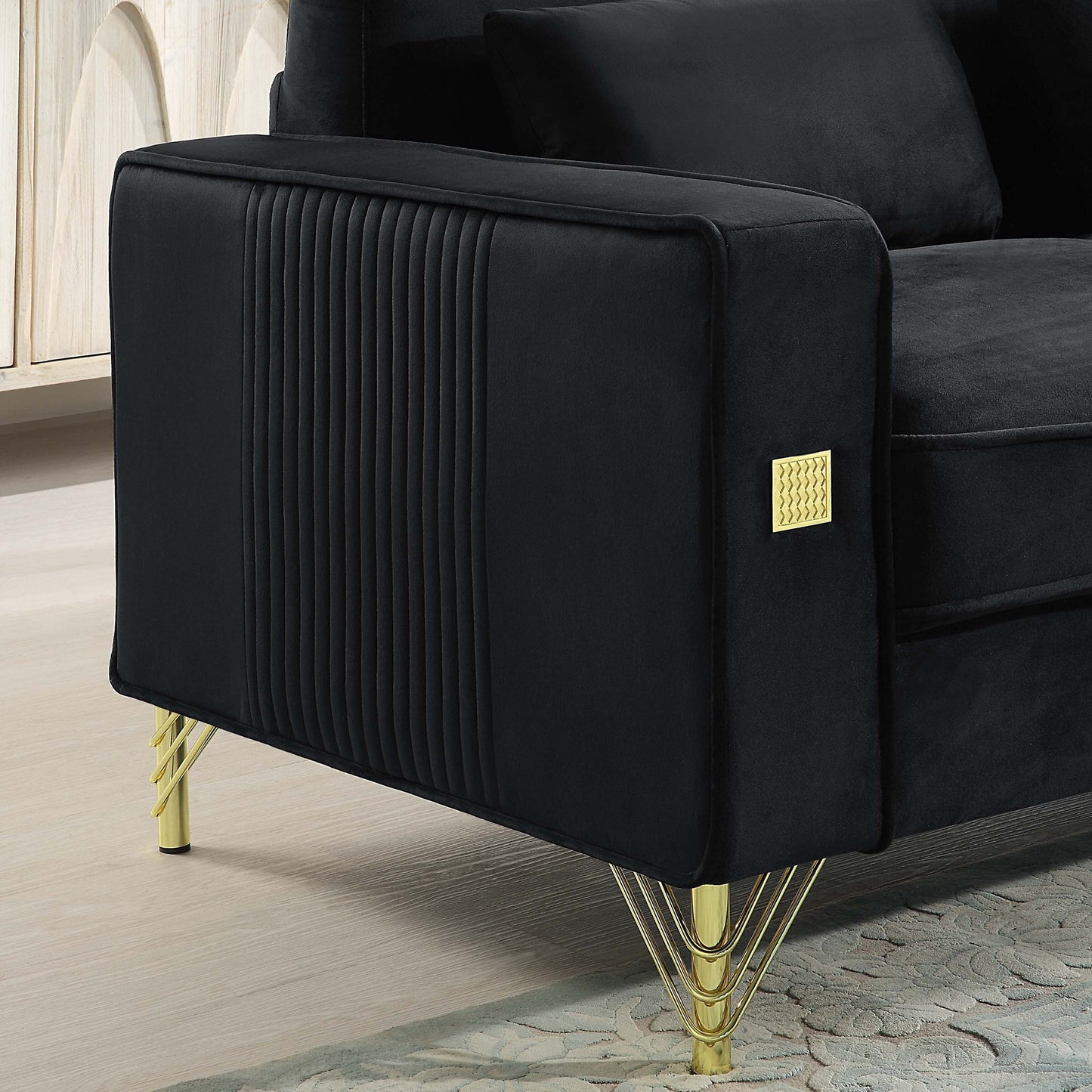 Black 86.61 Velvet 3-seater Sofa with Pillows and Gold Finish Metal Leg for Living Room
