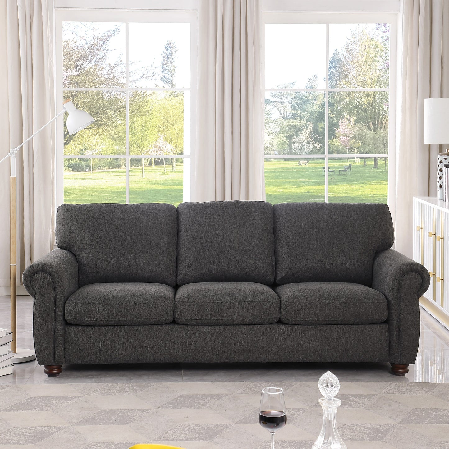 Black Chenille 3-seater Sofa with Rolled Arms