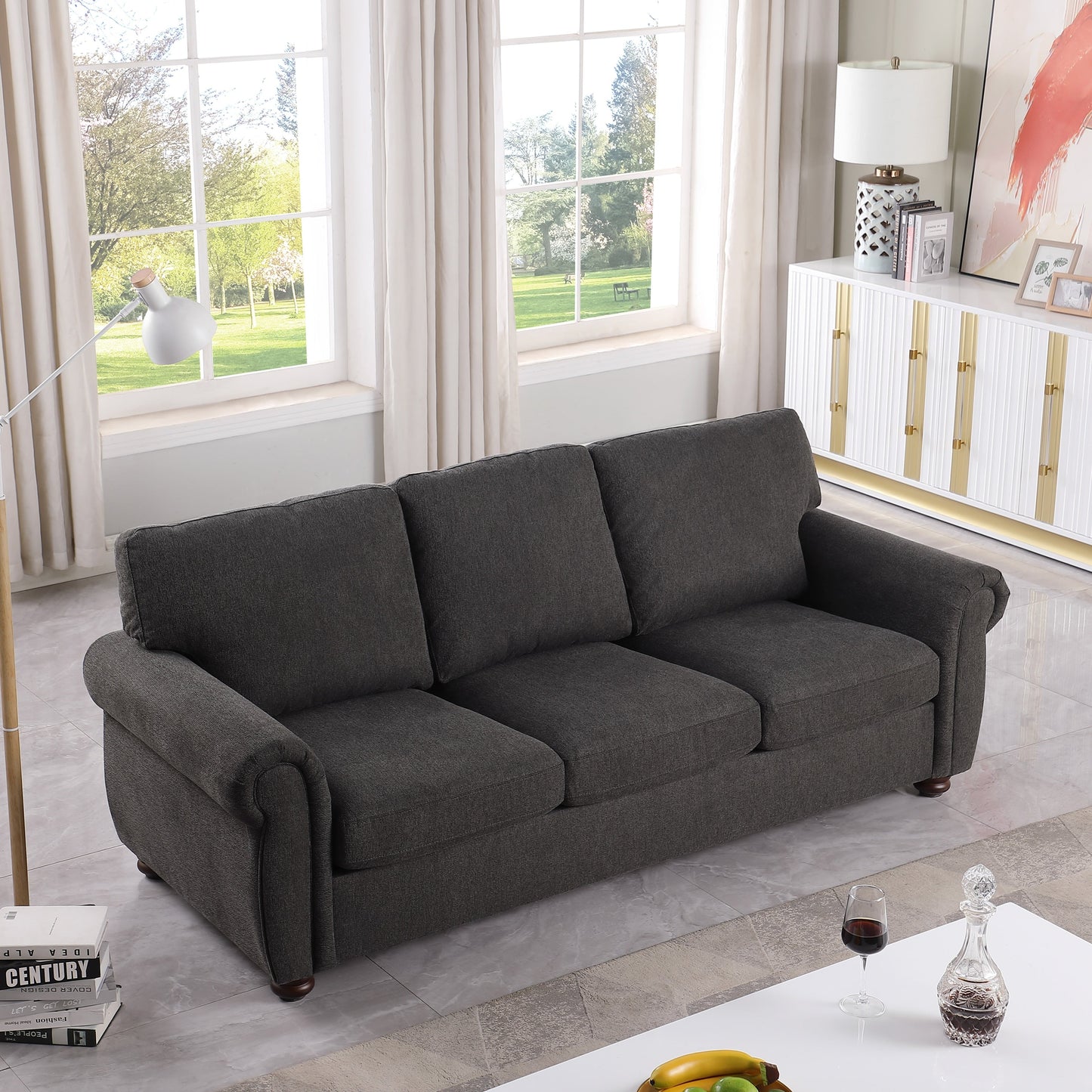 Black Chenille 3-seater Sofa with Rolled Arms