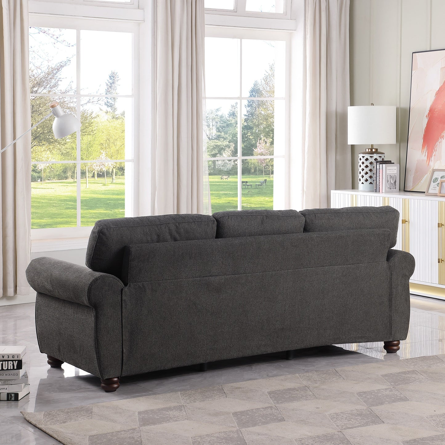 Black Chenille 3-seater Sofa with Rolled Arms