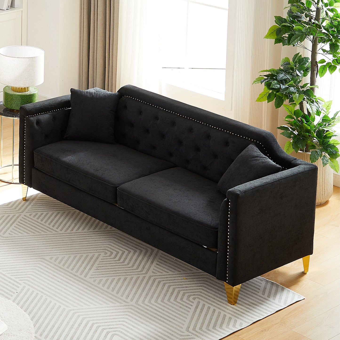 Black Chenille 3-seater Tufted Sofa with Copper Nail Decoration