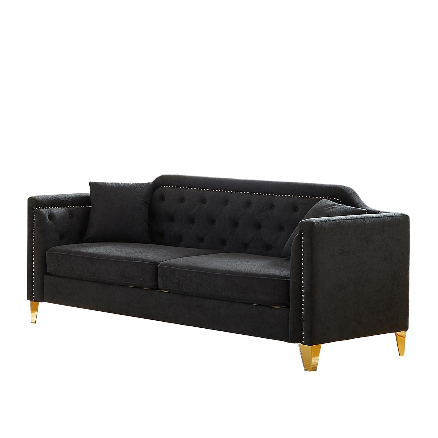 Black Chenille 3-seater Tufted Sofa with Copper Nail Decoration