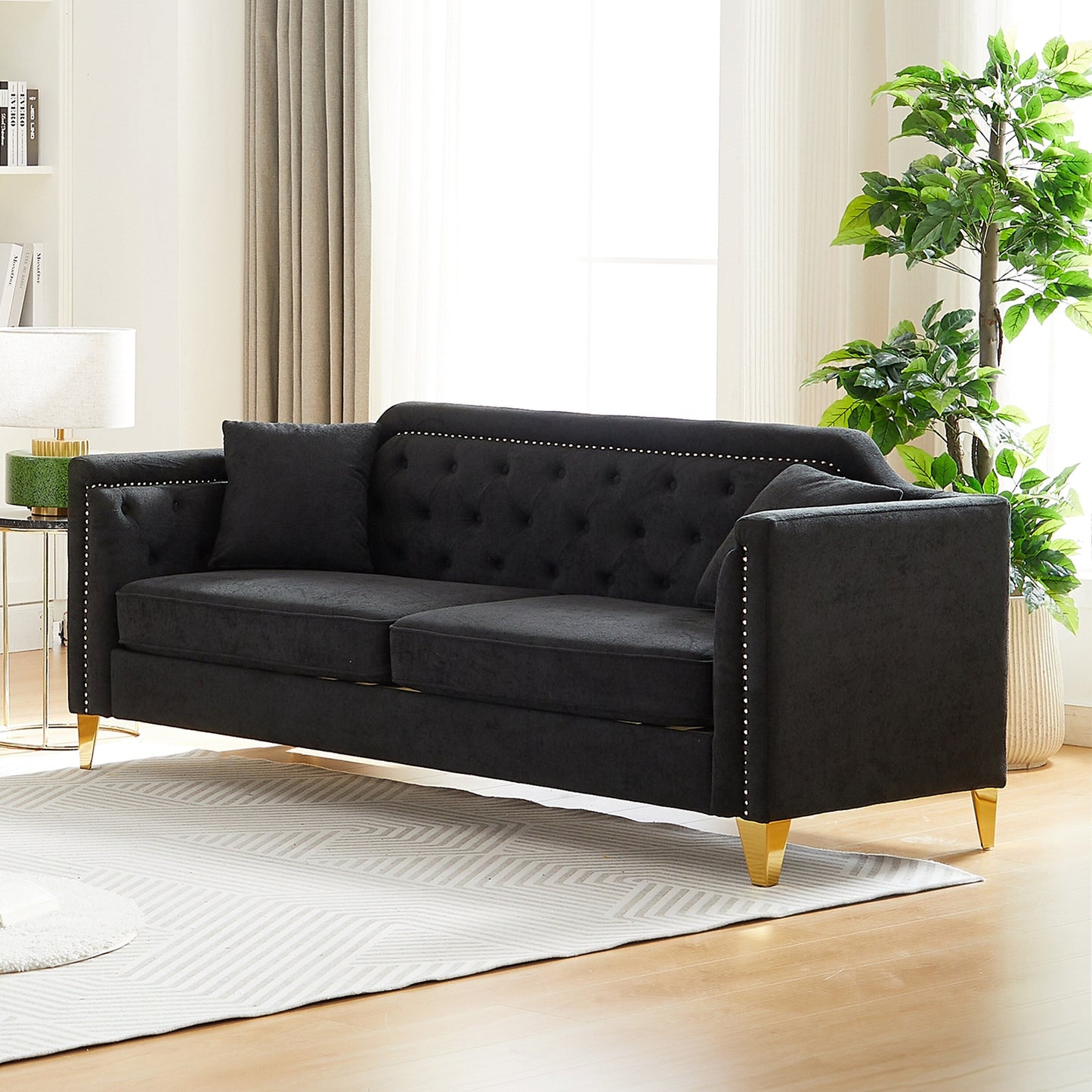 Black Chenille 3-seater Tufted Sofa with Copper Nail Decoration