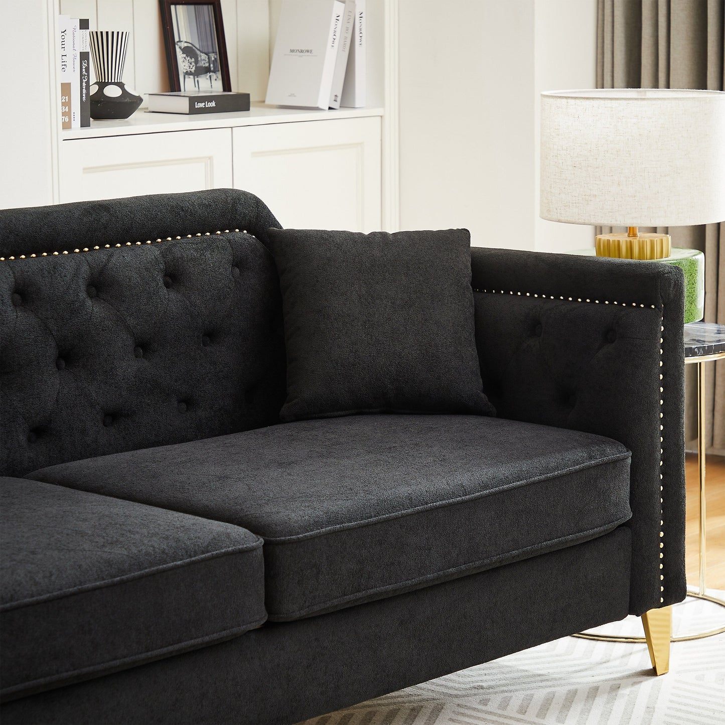 Black Chenille 3-seater Tufted Sofa with Copper Nail Decoration