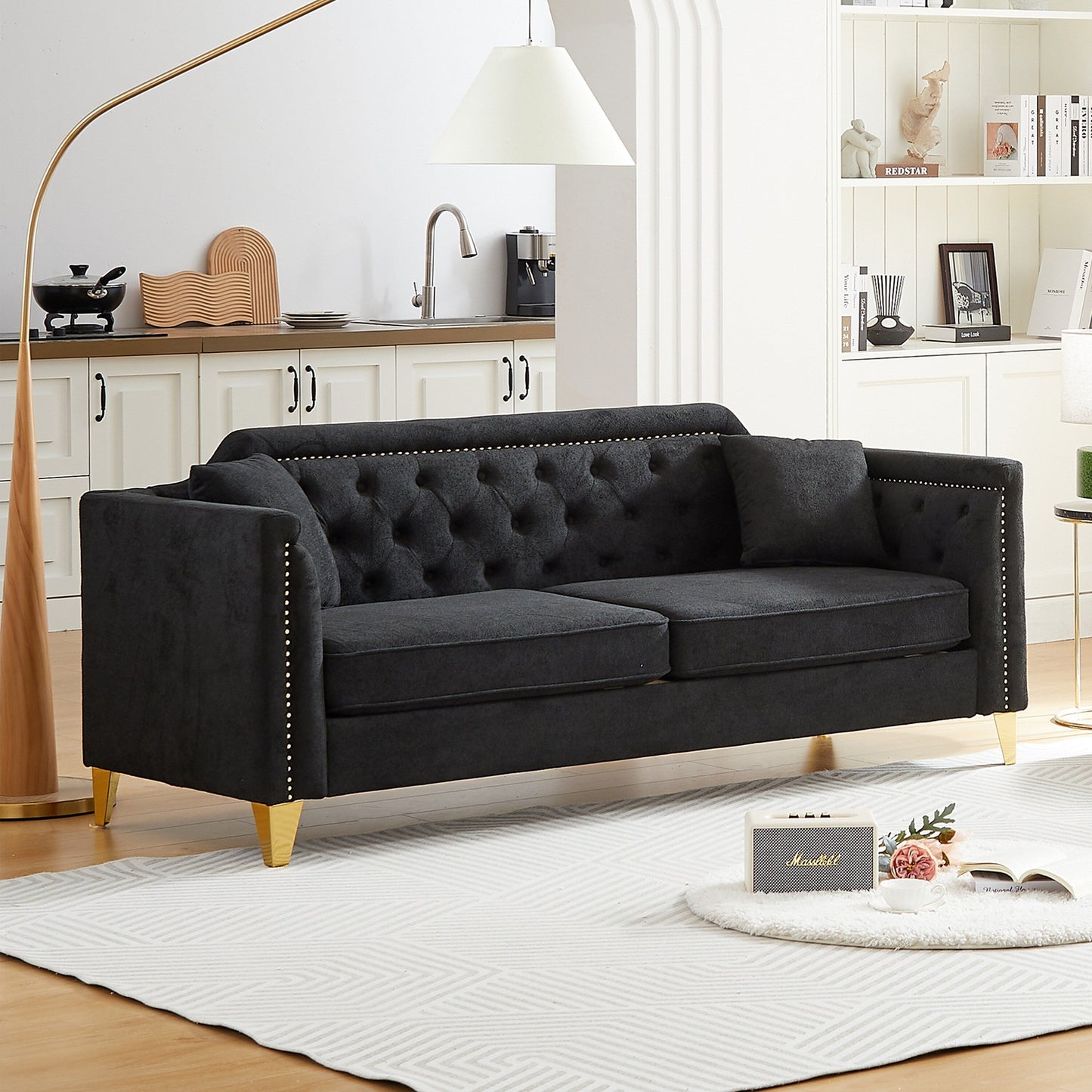Black Chenille 3-seater Tufted Sofa with Copper Nail Decoration
