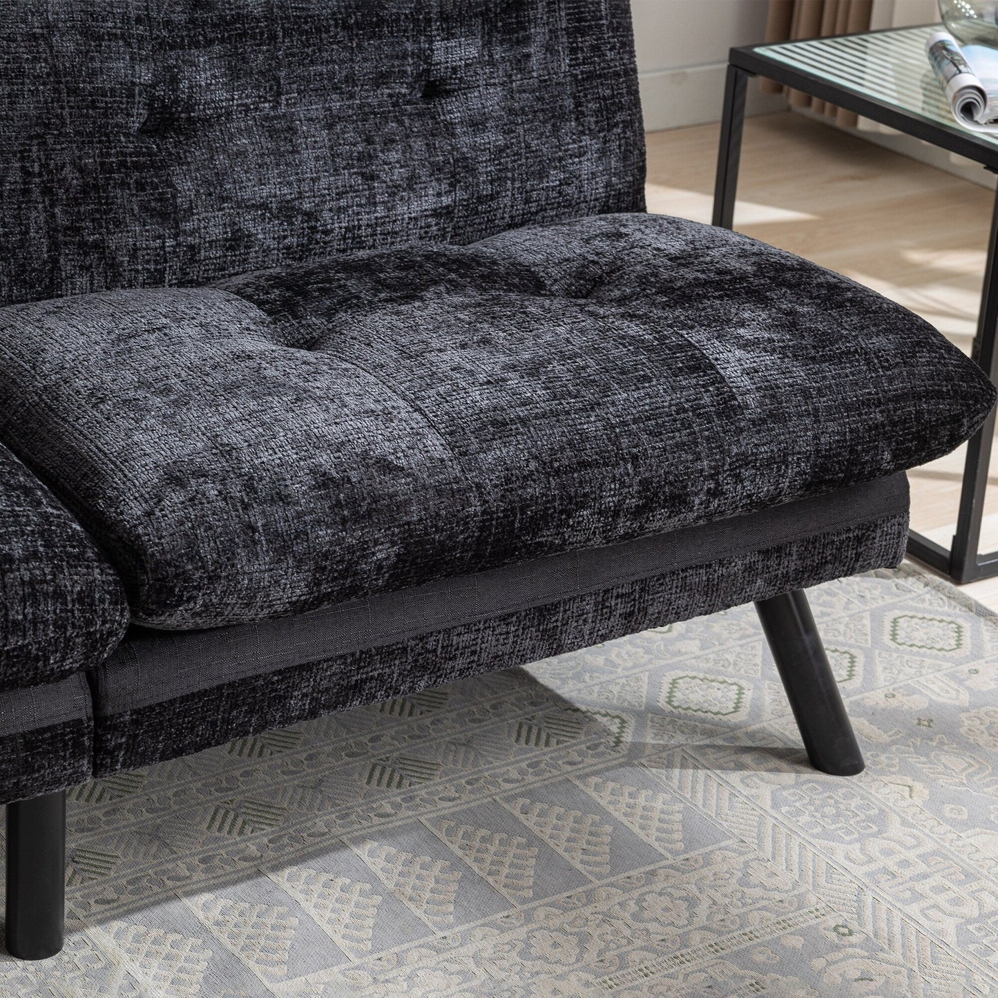 Black Chenille Convertible Loveseat Futon Sofa Bed