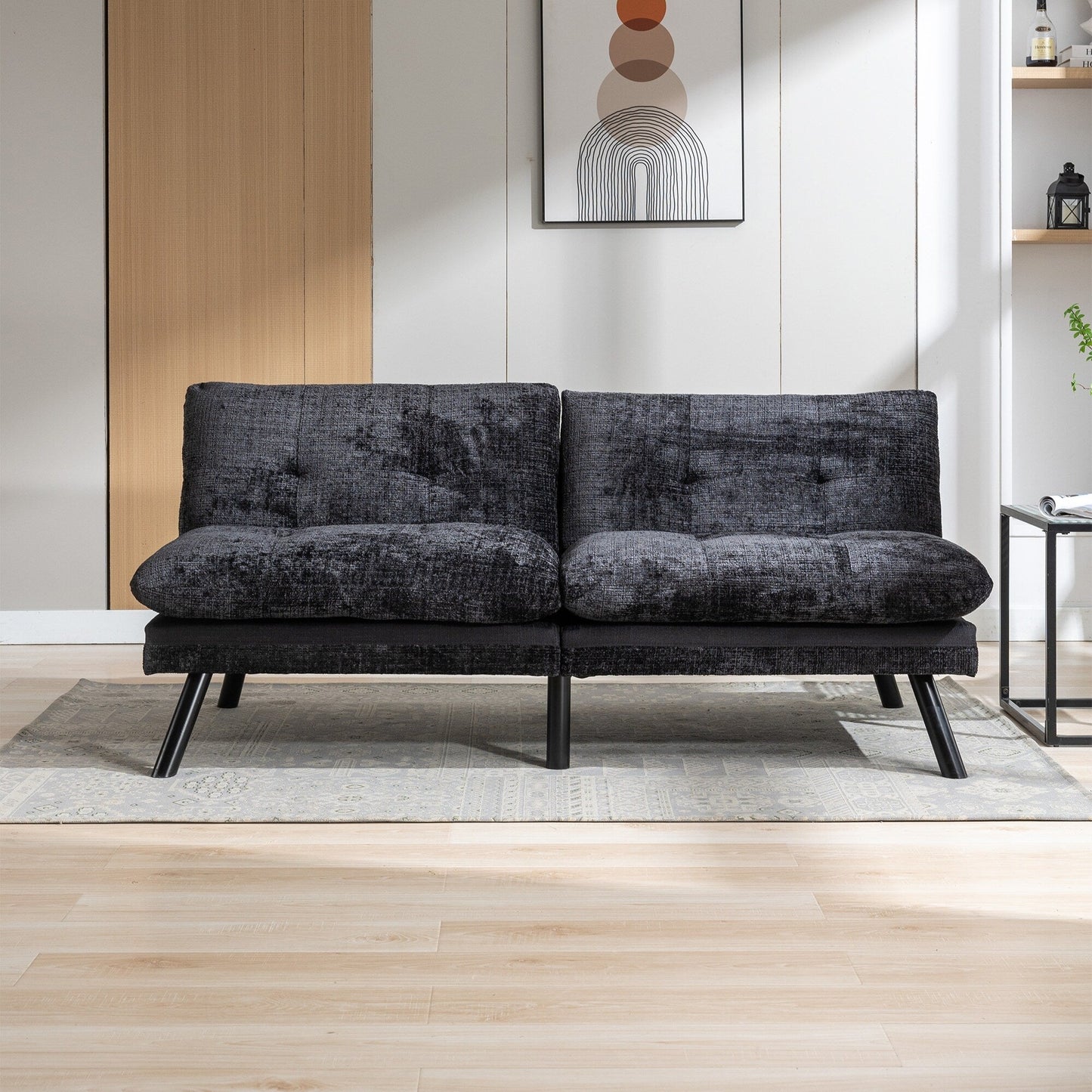 Black Chenille Convertible Loveseat Futon Sofa Bed