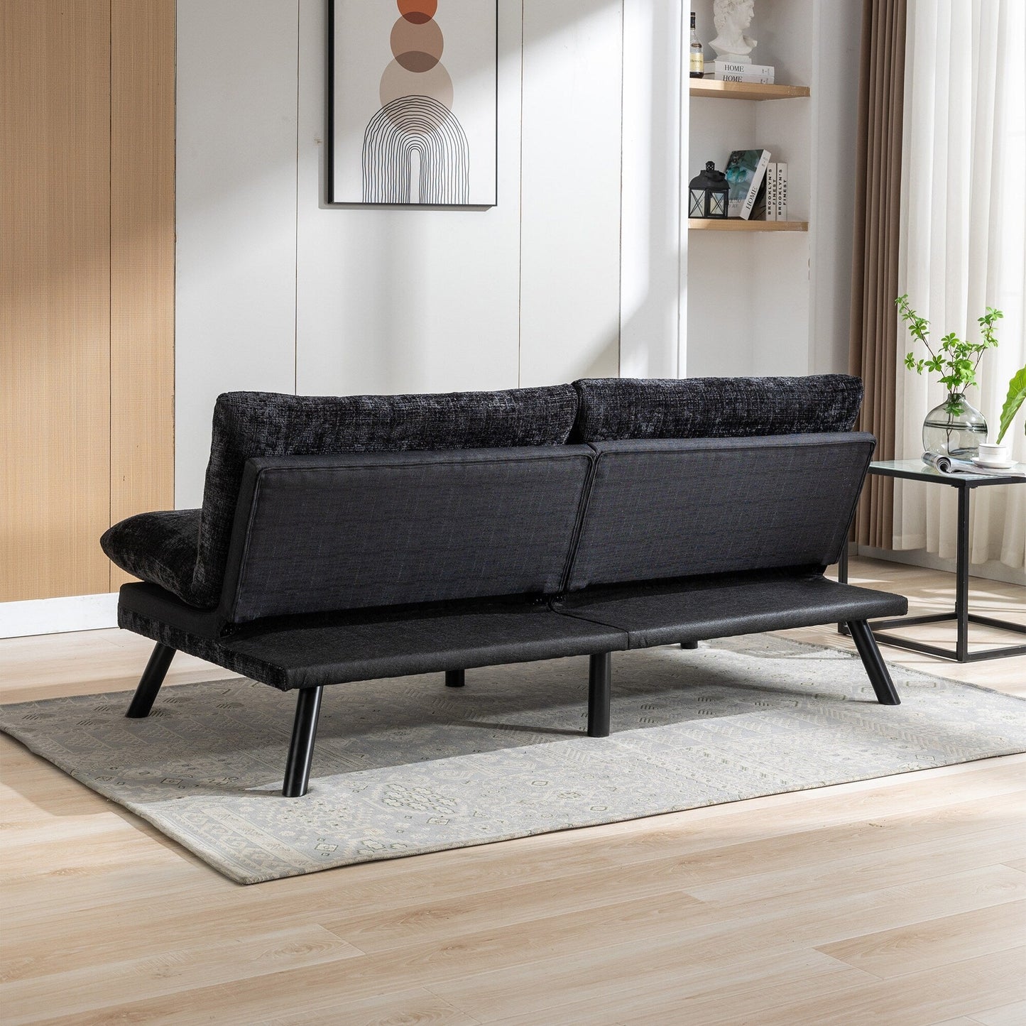 Black Chenille Convertible Loveseat Futon Sofa Bed