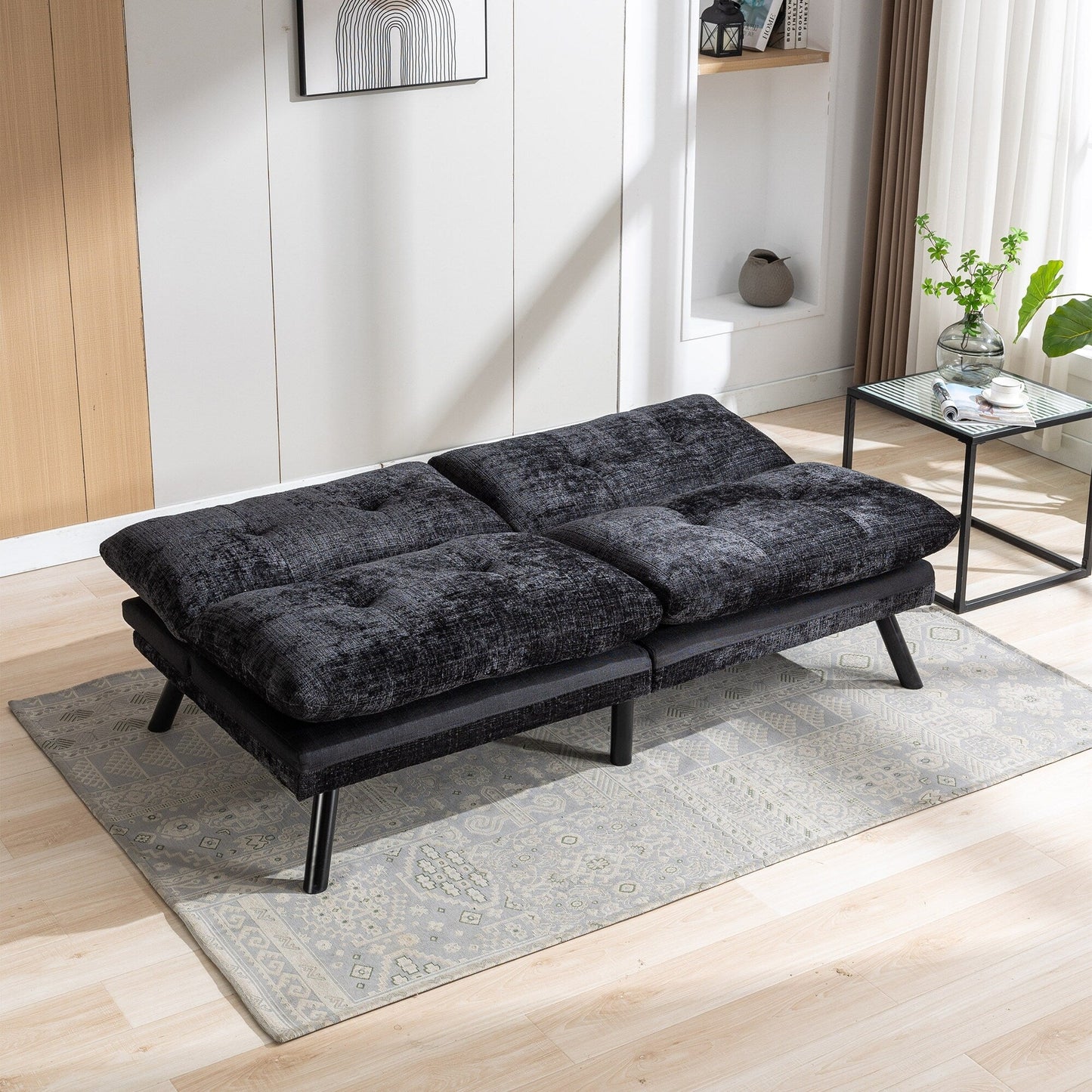 Black Chenille Convertible Loveseat Futon Sofa Bed