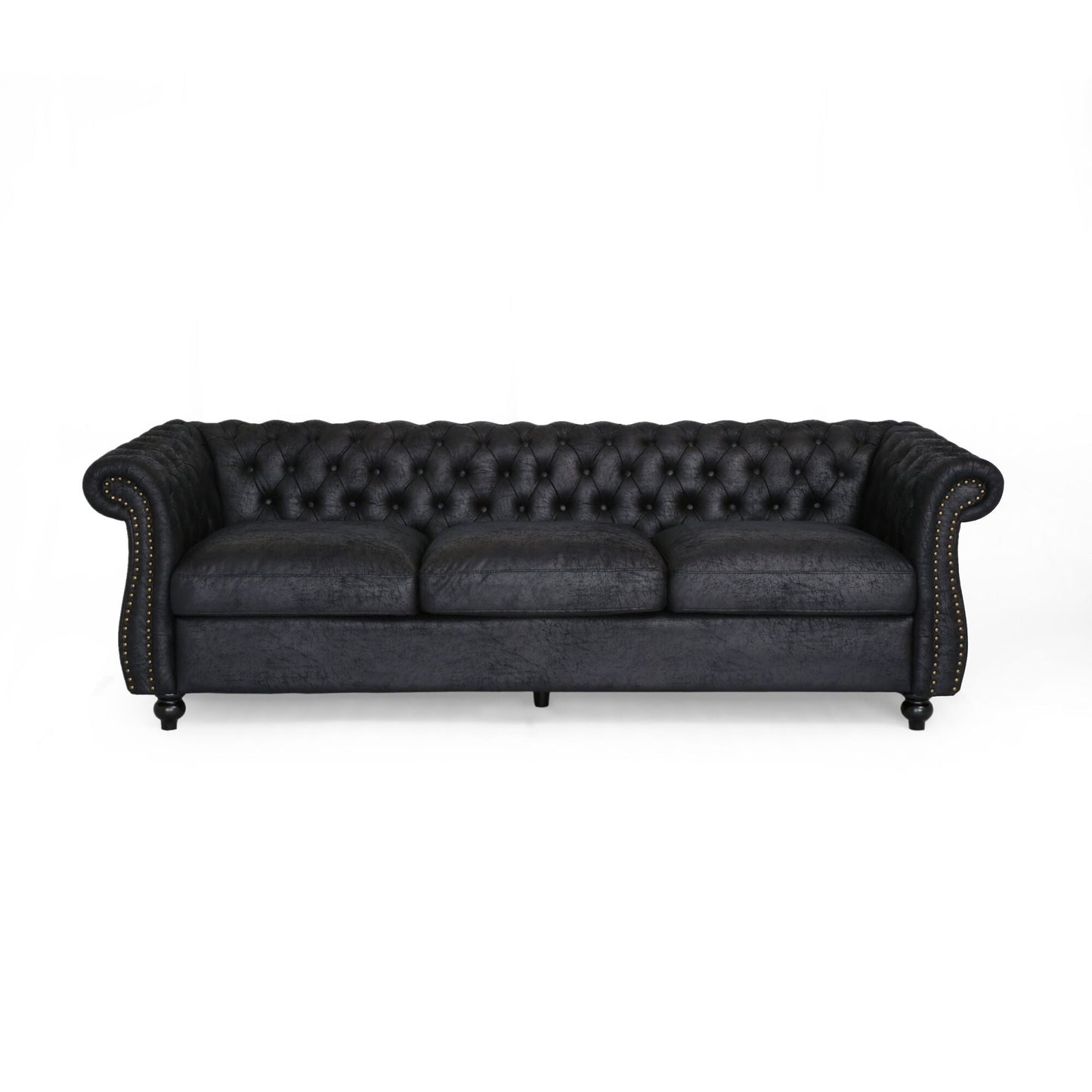 Black Chesterfield 84.75 Button Tufted Upholstered 3-seater Sofa with Nailheads and Wood Legs for Living Room