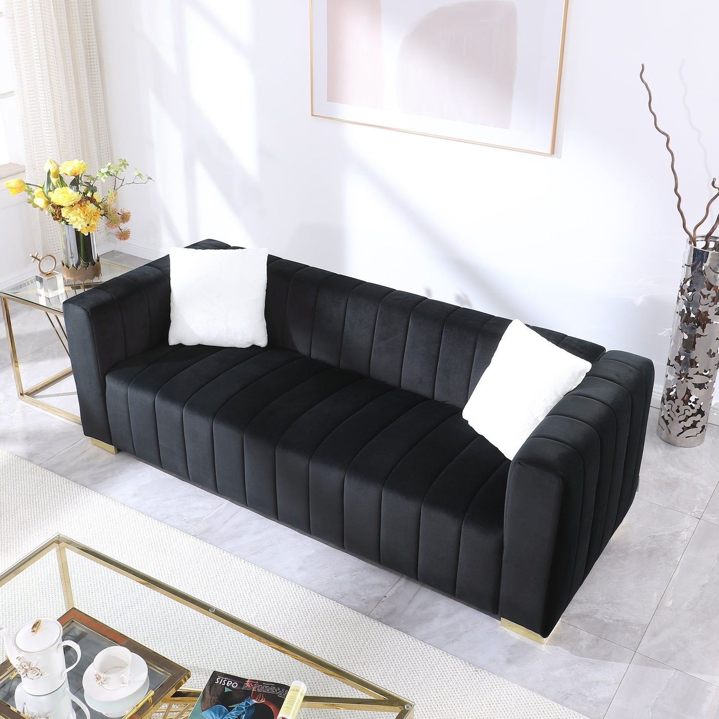 Black Chesterfield 87.01 Velvet Channel Tufted 3-seater Sofa with Pillows for Living Room