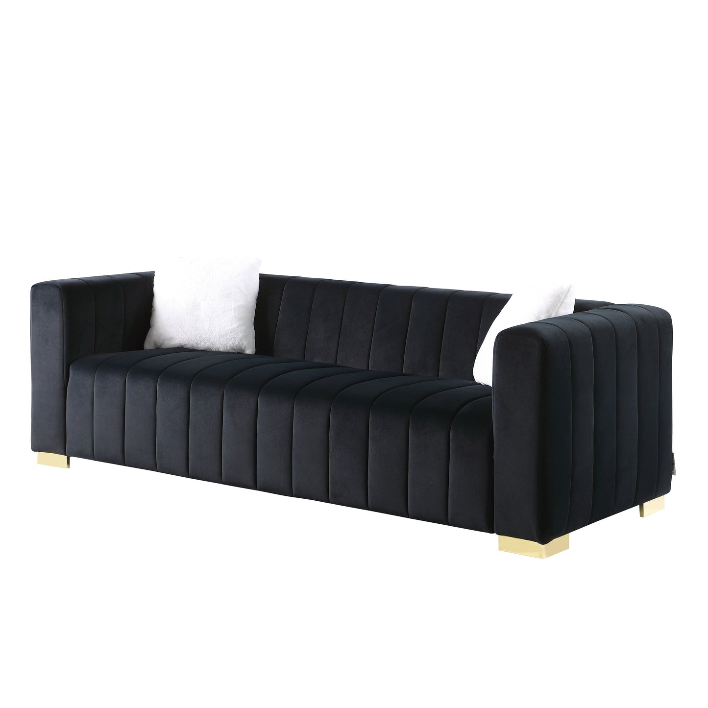 Black Chesterfield 87.01 Velvet Channel Tufted 3-seater Sofa with Pillows for Living Room