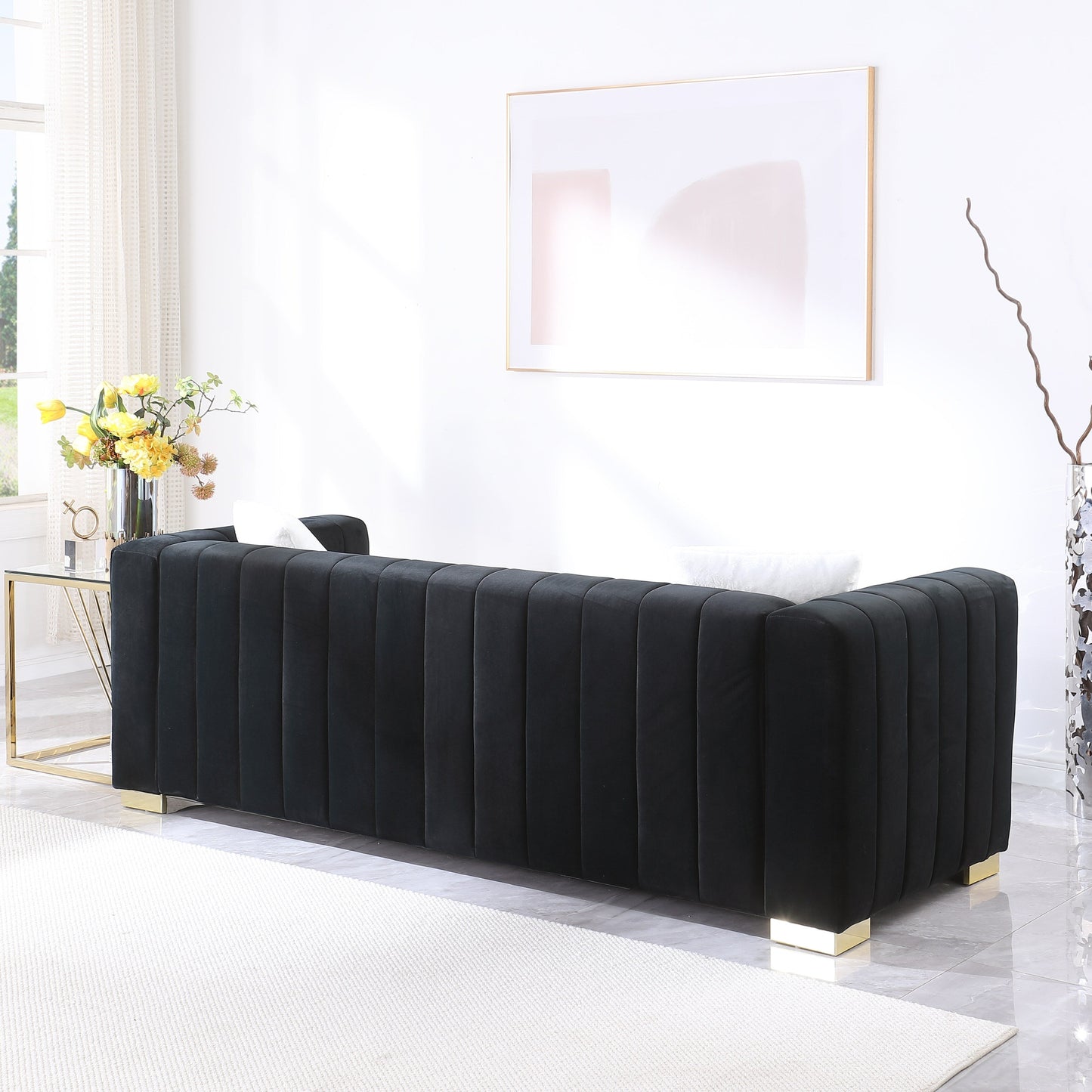 Black Chesterfield 87.01 Velvet Channel Tufted 3-seater Sofa with Pillows for Living Room