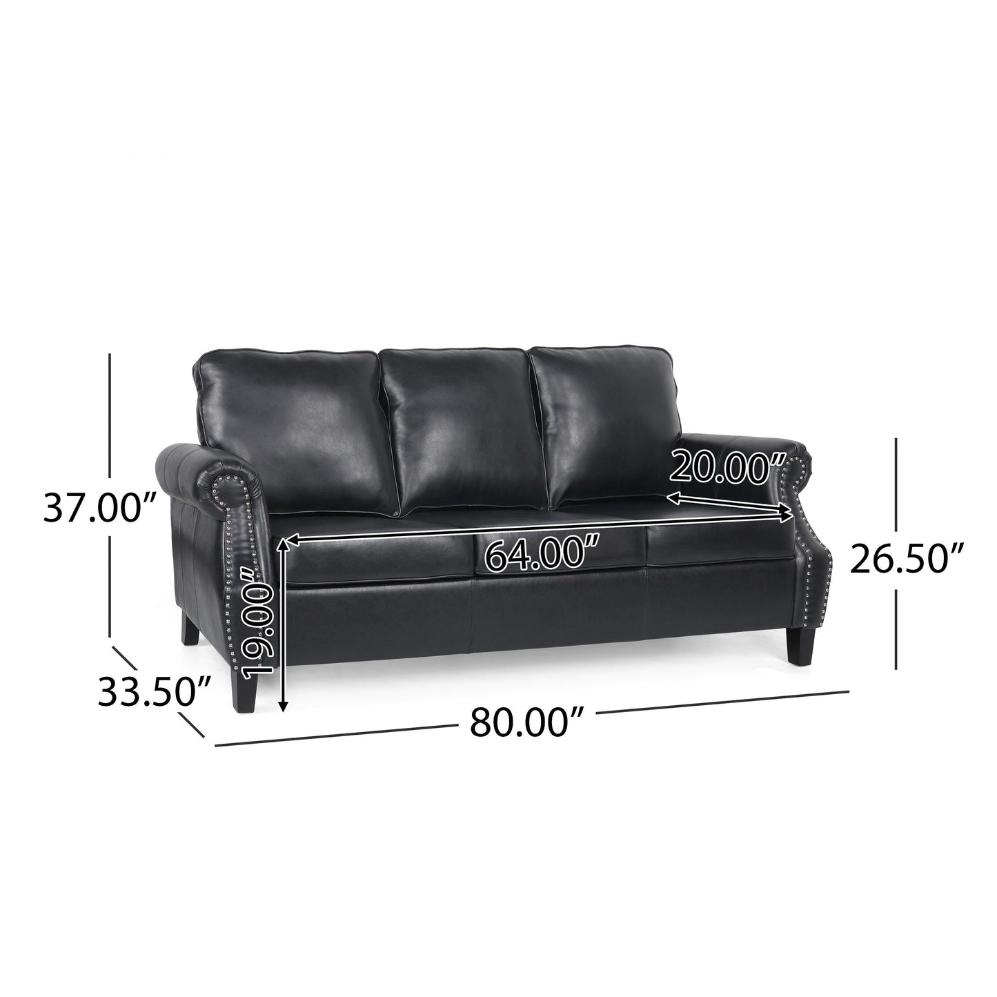 Black Faux Leather 3-seater Sofa with Birch Wood Legs and Nailheads