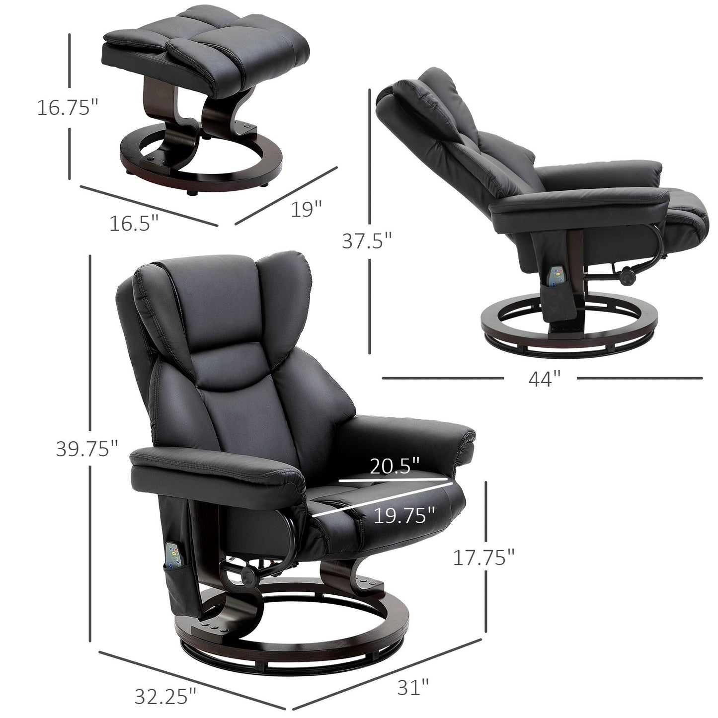 Black Faux Leather 360° Swivel Manual Recliner Set with Ottoman, 10 Vibration Massage Points, Side Pocket