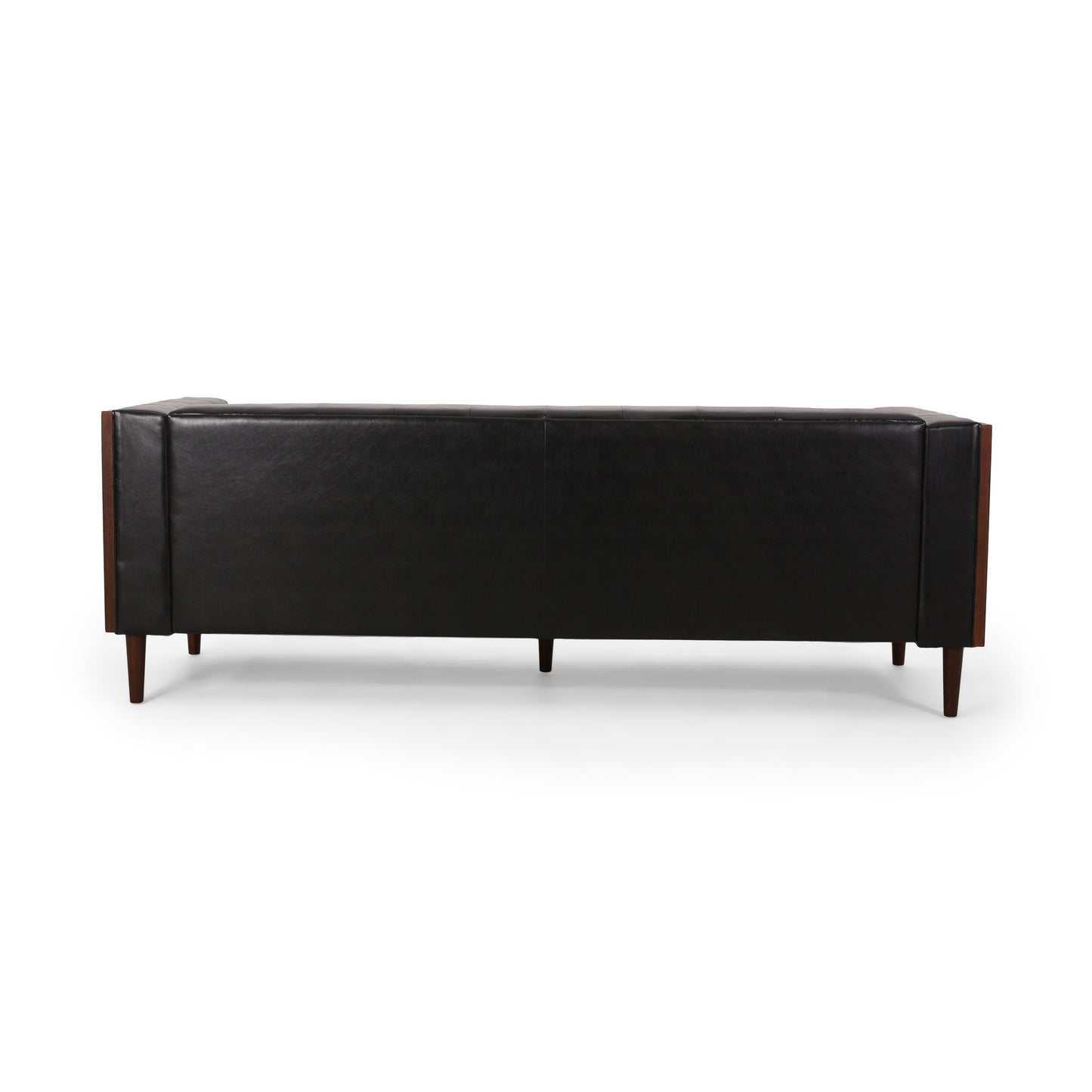 Black Faux Leather Button Tufted 3-seater Sofa with Birch Wood Legs