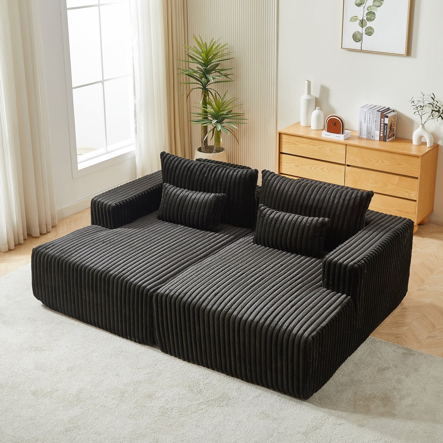 Black Modern 87 Cloud Plush Loveseat Sectional Lounge Sleeper Chaise Sofa with Pillows for Living Room