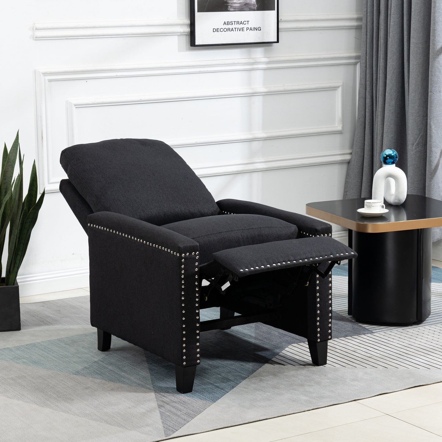 Black Modern Velvet Upholstered Manual Recliner Chair with Soft Cushions and Footrest, Nailhead Decoration