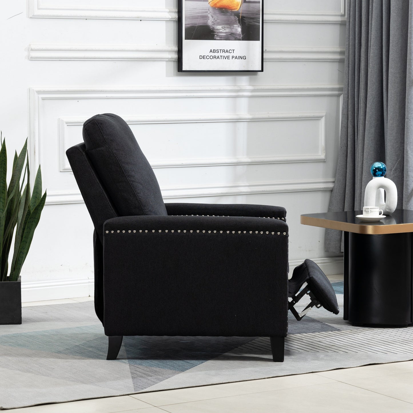 Black Modern Velvet Upholstered Manual Recliner Chair with Soft Cushions and Footrest, Nailhead Decoration