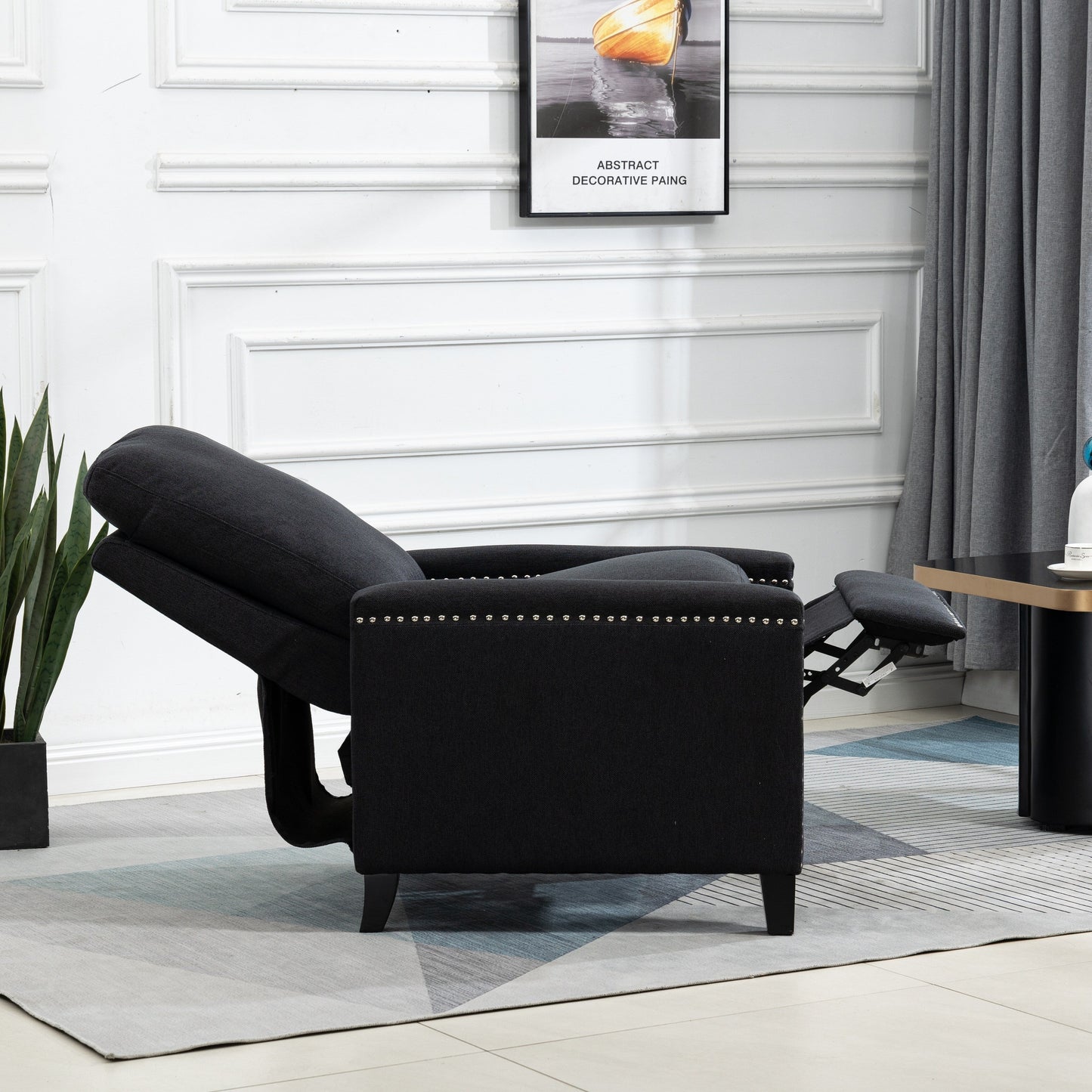 Black Modern Velvet Upholstered Manual Recliner Chair with Soft Cushions and Footrest, Nailhead Decoration