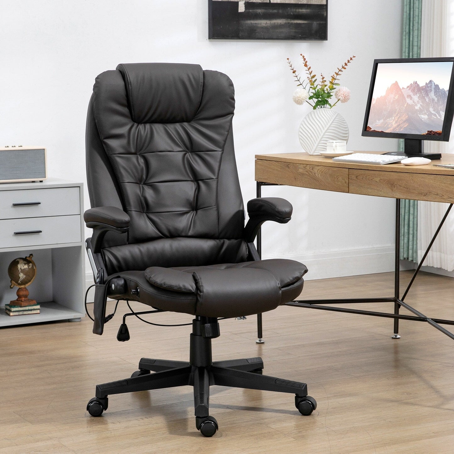 Black PU Leather 360° Swivel High Back Office Recliner with Vibration Massage, Lumbar Heating, and Adjustable Height