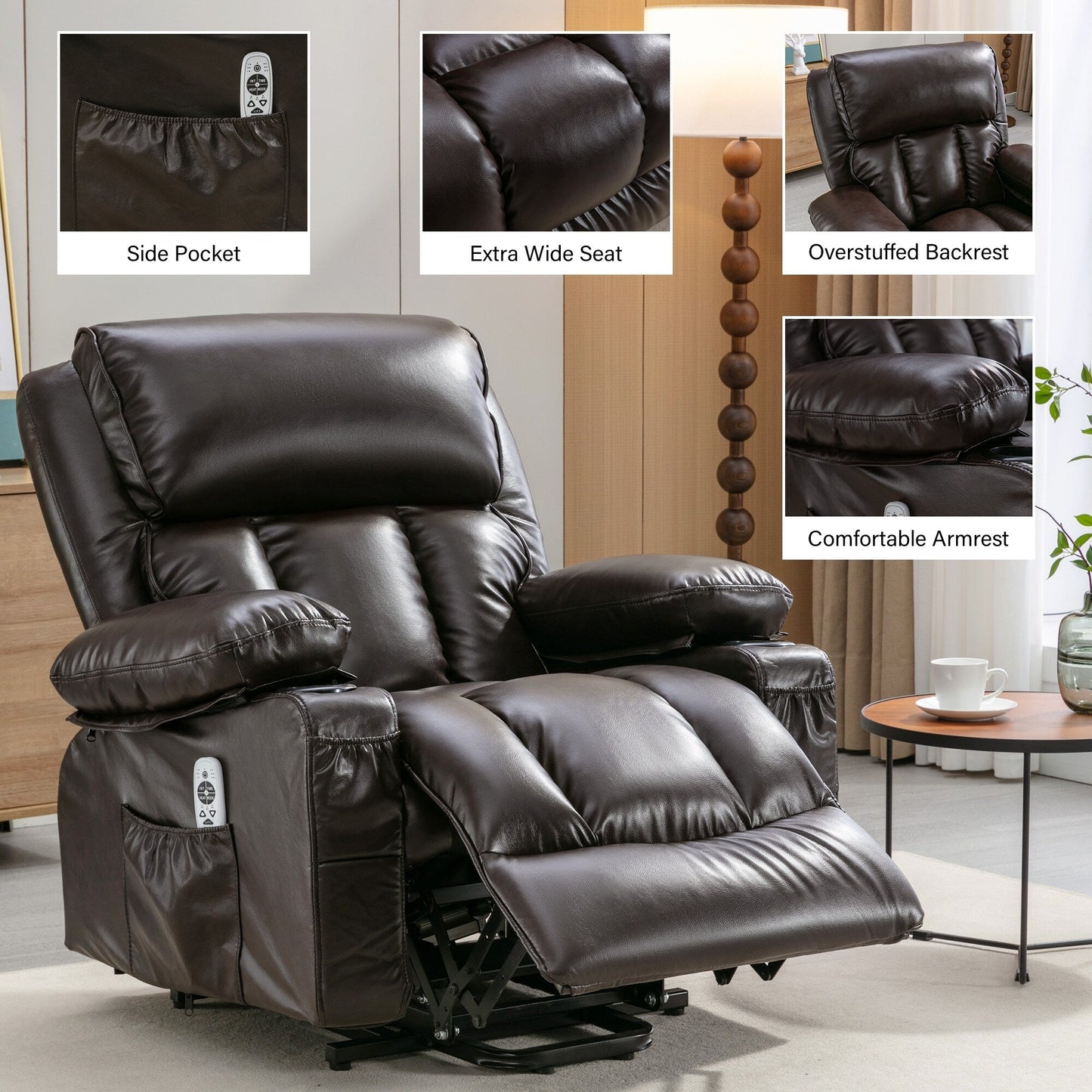 Black Power Lift Recliner with Massage, Heat & PU Leather