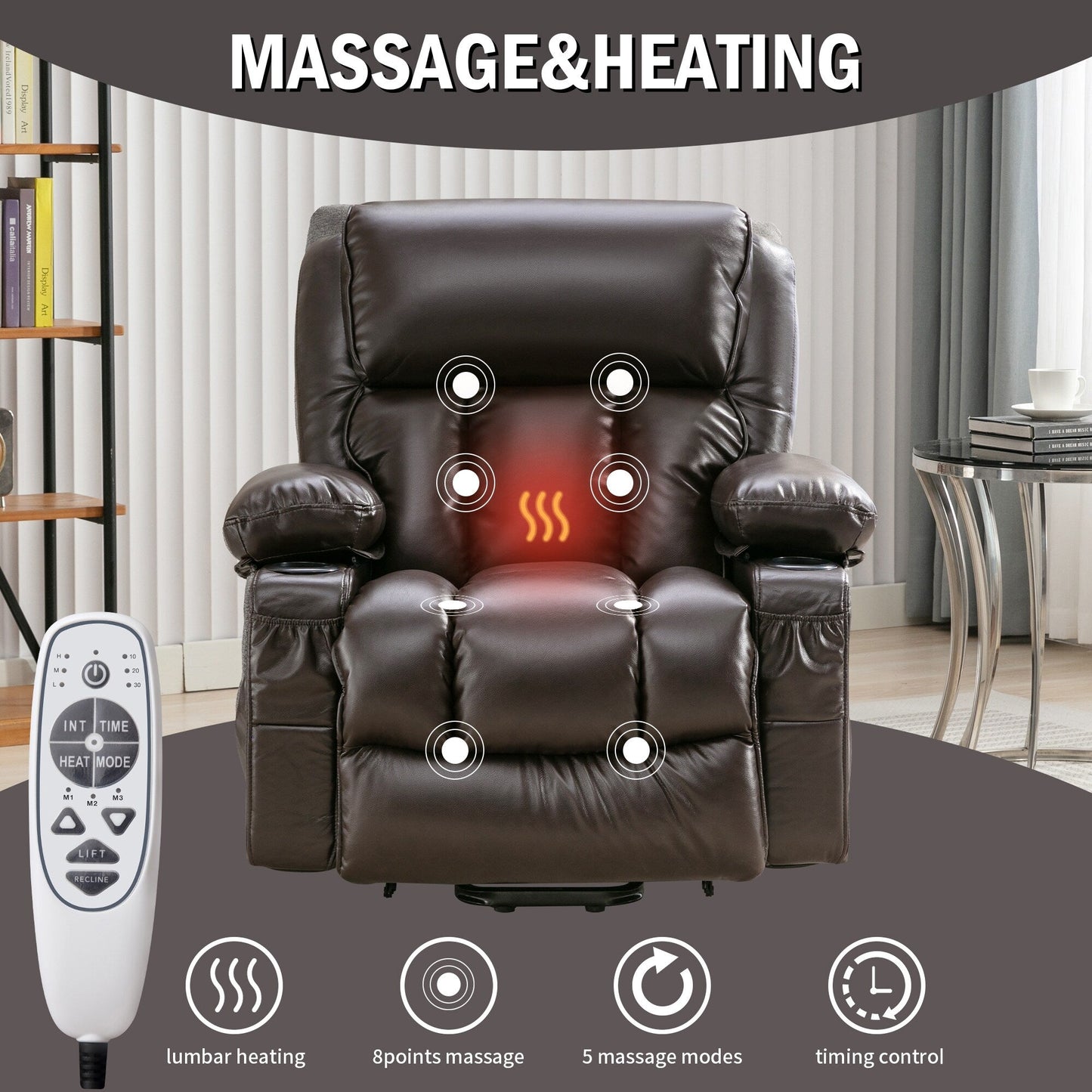 Black Power Lift Recliner with Massage, Heat & PU Leather