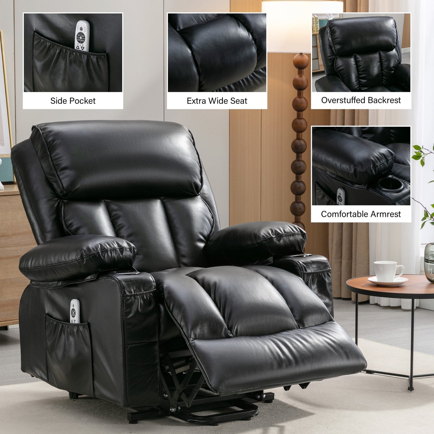 Black Power Lift Recliner with Massage, Heat & PU Leather