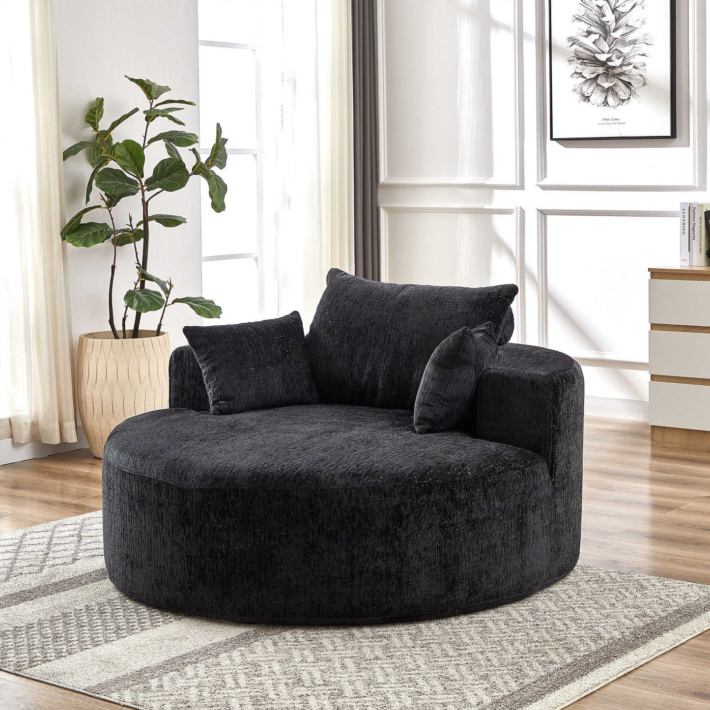 Black Round Chenille Single Sleeper Sofa with Backrest Pillow