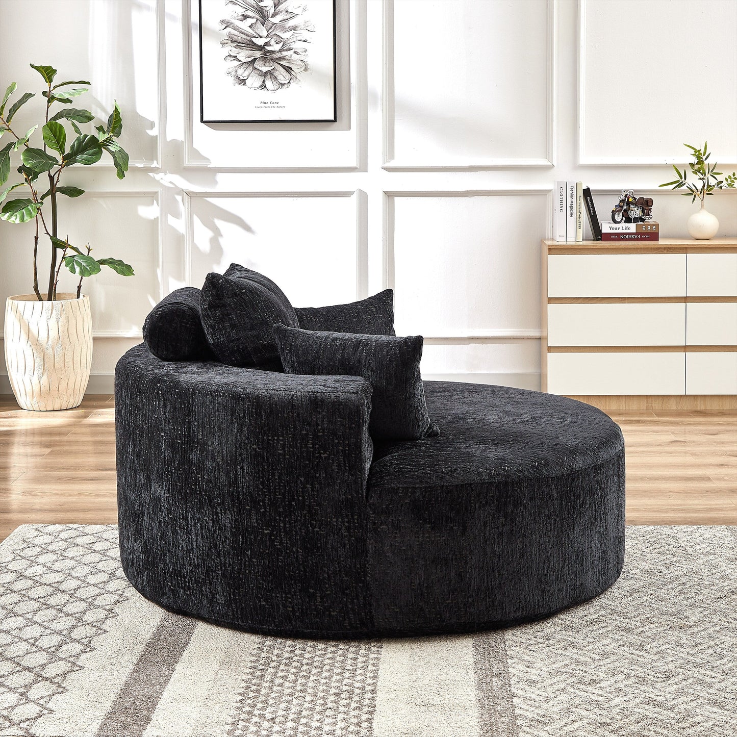Black Round Chenille Single Sleeper Sofa with Backrest Pillow