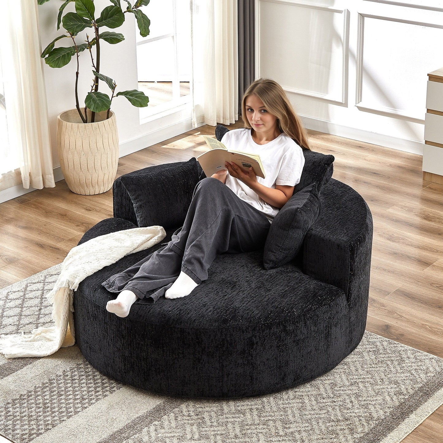 Black Round Chenille Single Sleeper Sofa with Backrest Pillow