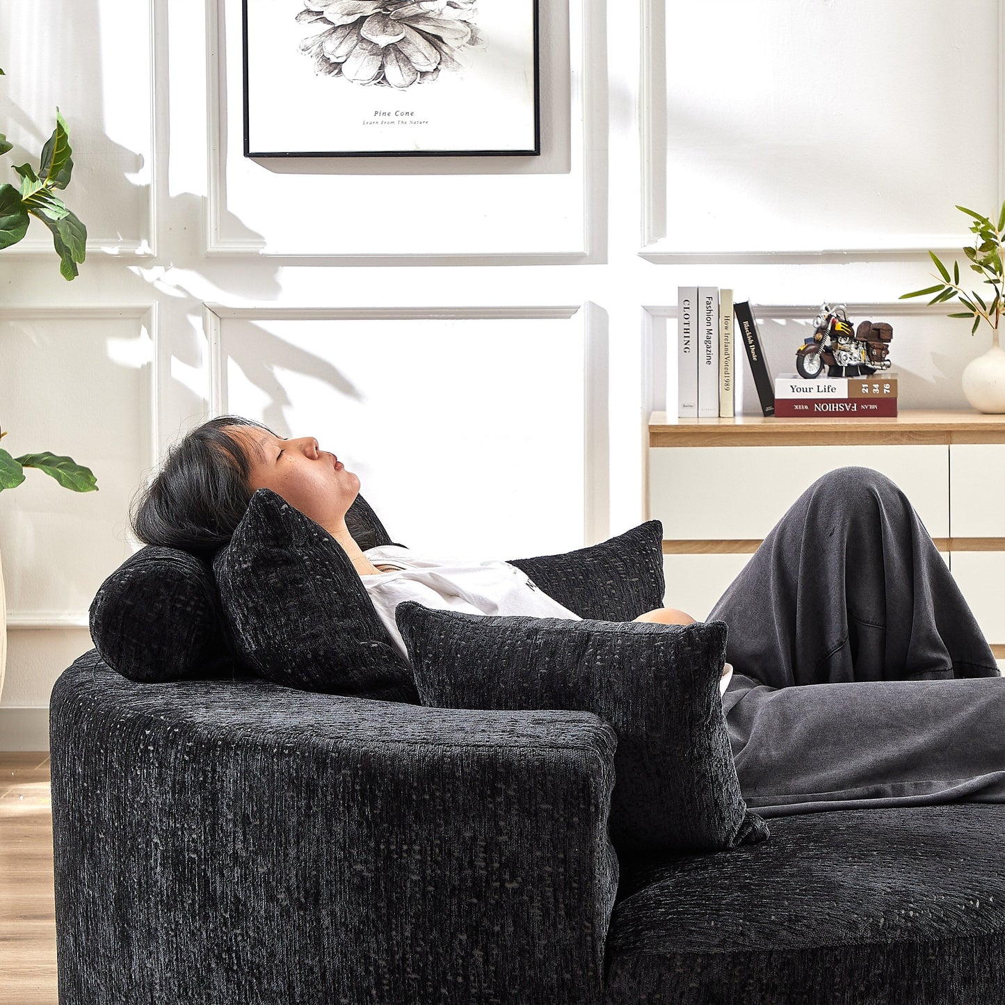 Black Round Chenille Single Sleeper Sofa with Backrest Pillow