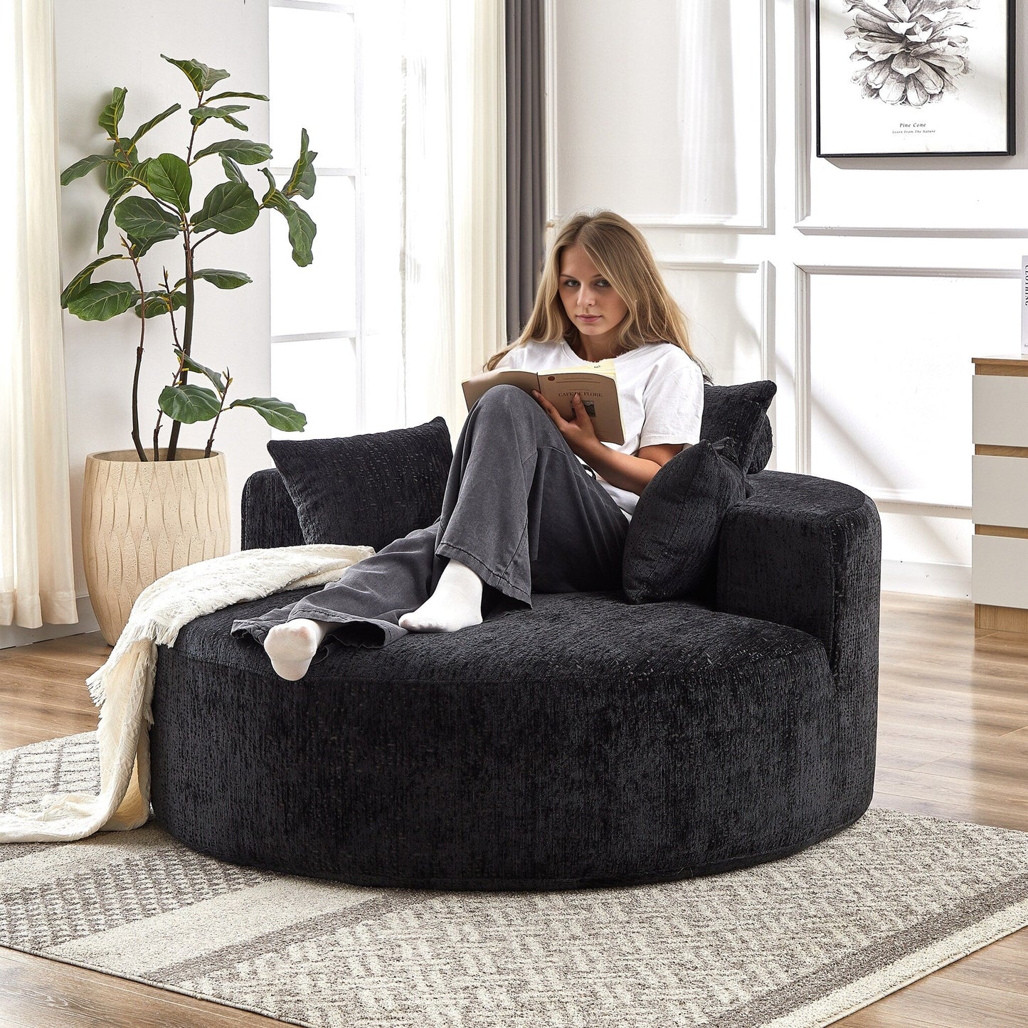 Black Round Chenille Single Sleeper Sofa with Backrest Pillow
