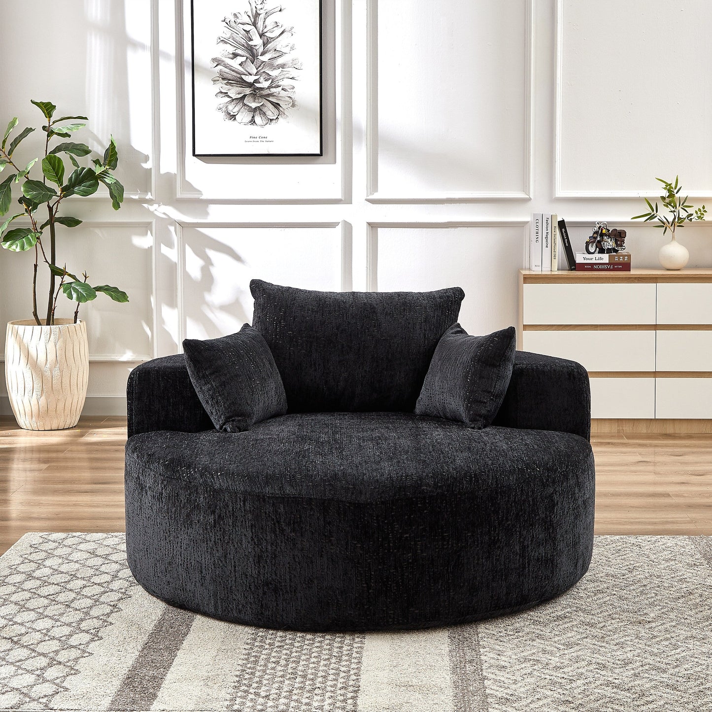 Black Round Chenille Single Sleeper Sofa with Backrest Pillow