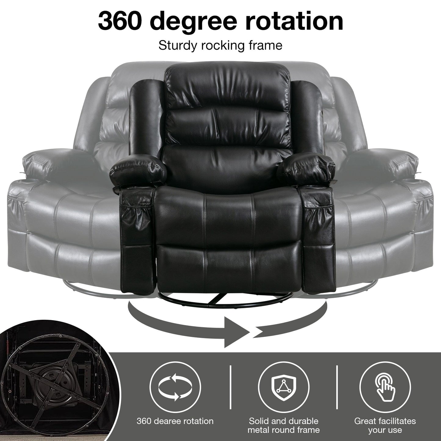 Black Swivel Rocker Recliner Chair with Vibration Massage, Heat, 360° Rotation, Side Pocket, Cup Holders, and USB Charging