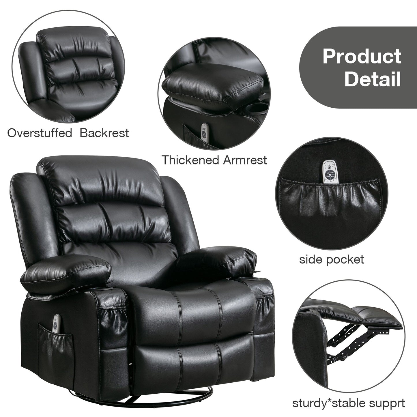 Black Swivel Rocker Recliner Chair with Vibration Massage, Heat, 360° Rotation, Side Pocket, Cup Holders, and USB Charging