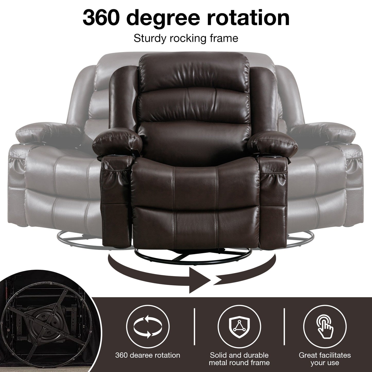 Black Swivel Rocker Recliner with Massage, Heat, USB, and Cup Holders