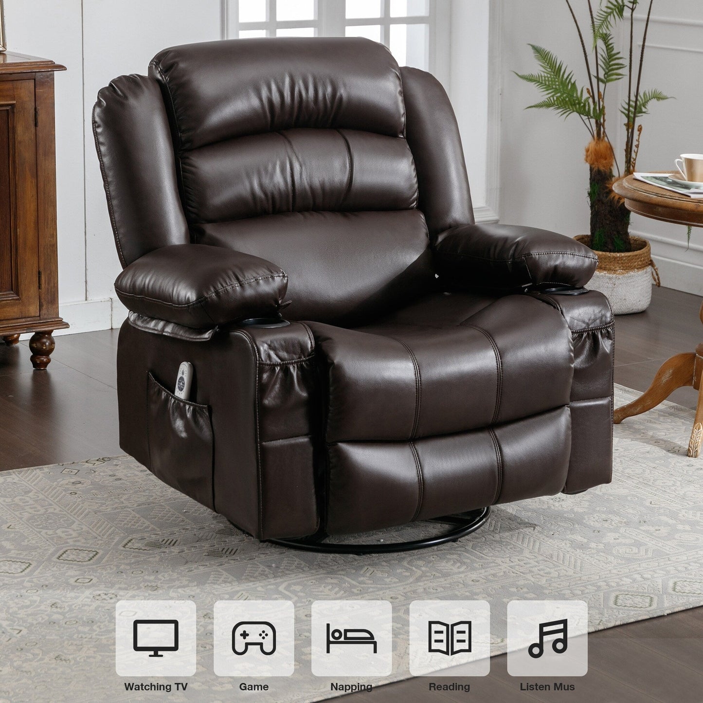 Black Swivel Rocker Recliner with Massage, Heat, USB, and Cup Holders