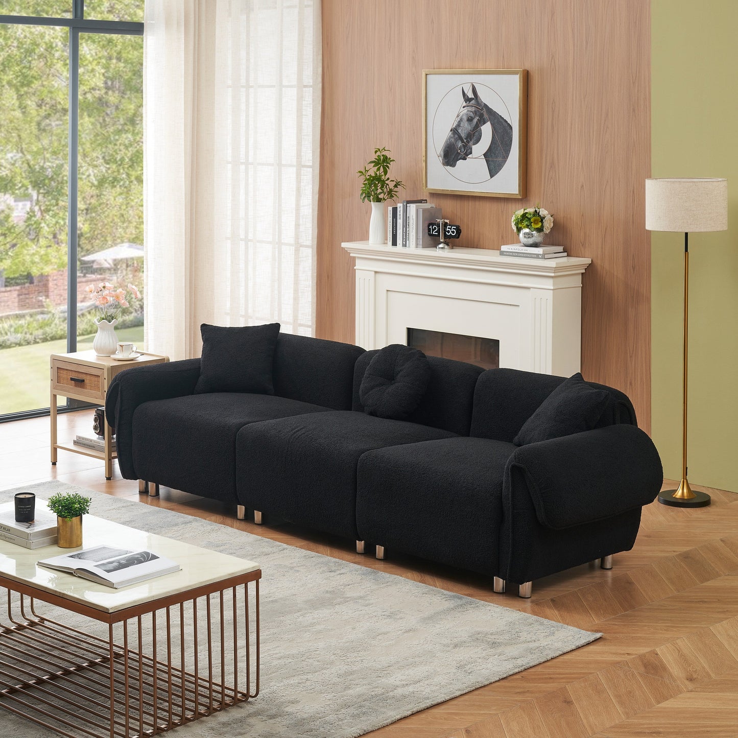 Black Teddy Velvet 3-seater Sofa with Pillows