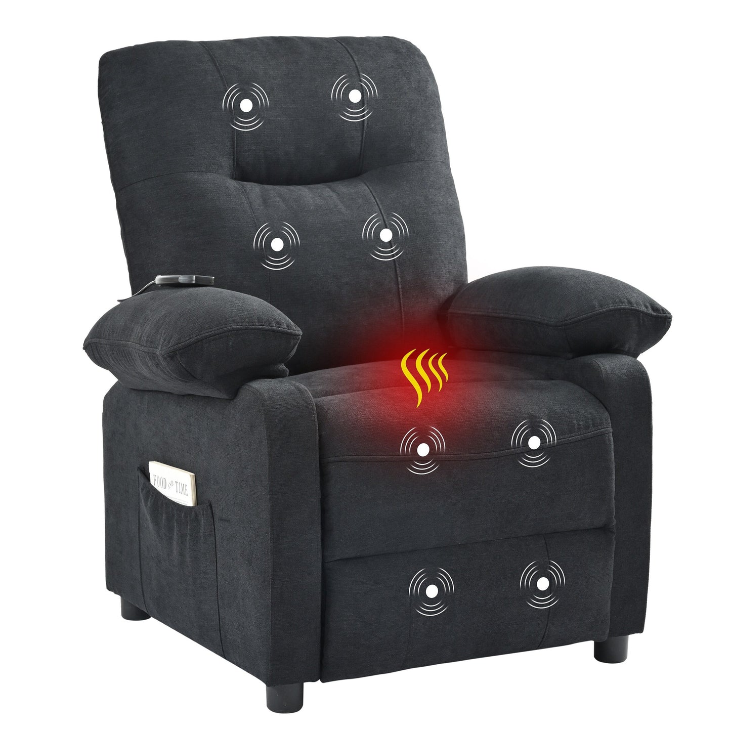 Black Upholstered Manual Recliner with Massage, Lumbar Heating, Pillow Top Arms, Side Pockets