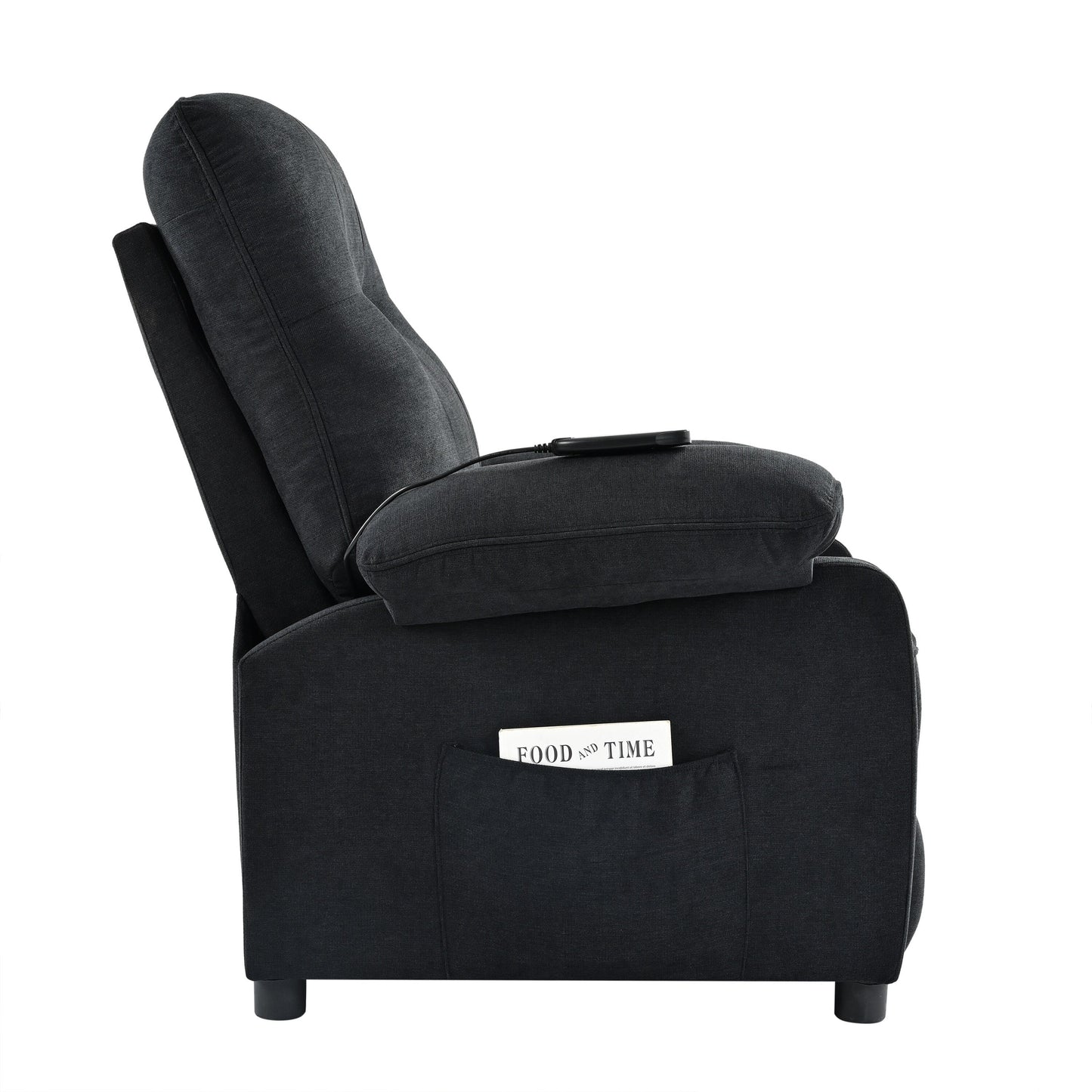 Black Upholstered Manual Recliner with Massage, Lumbar Heating, Pillow Top Arms, Side Pockets