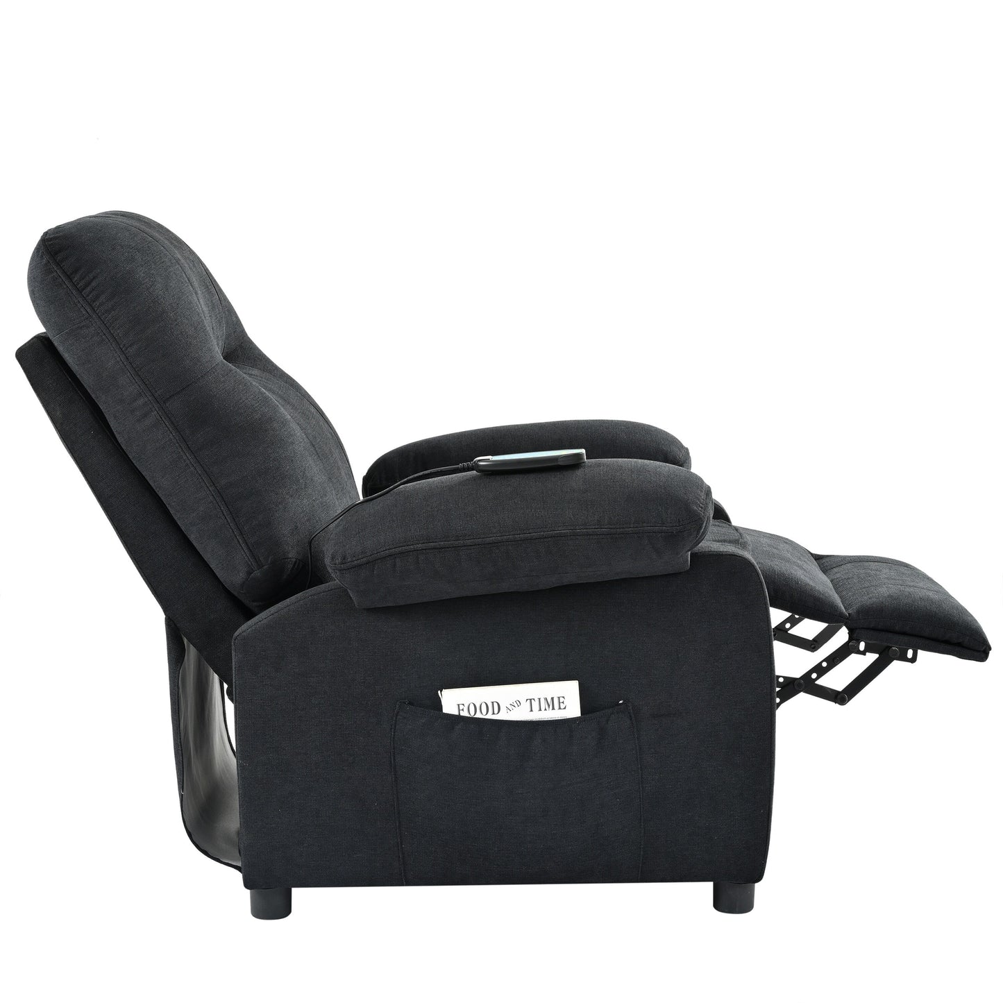 Black Upholstered Manual Recliner with Massage, Lumbar Heating, Pillow Top Arms, Side Pockets