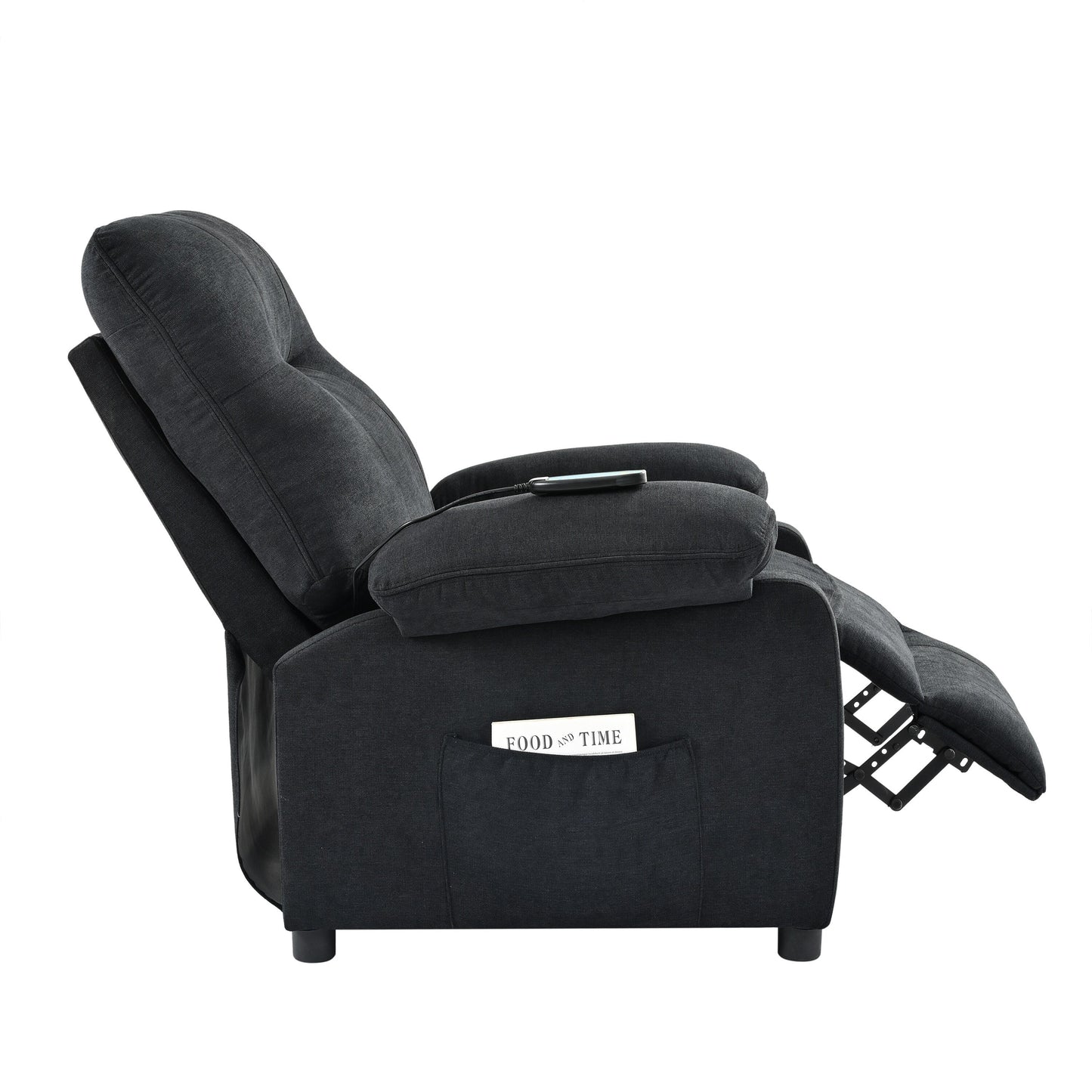 Black Upholstered Manual Recliner with Massage, Lumbar Heating, Pillow Top Arms, Side Pockets
