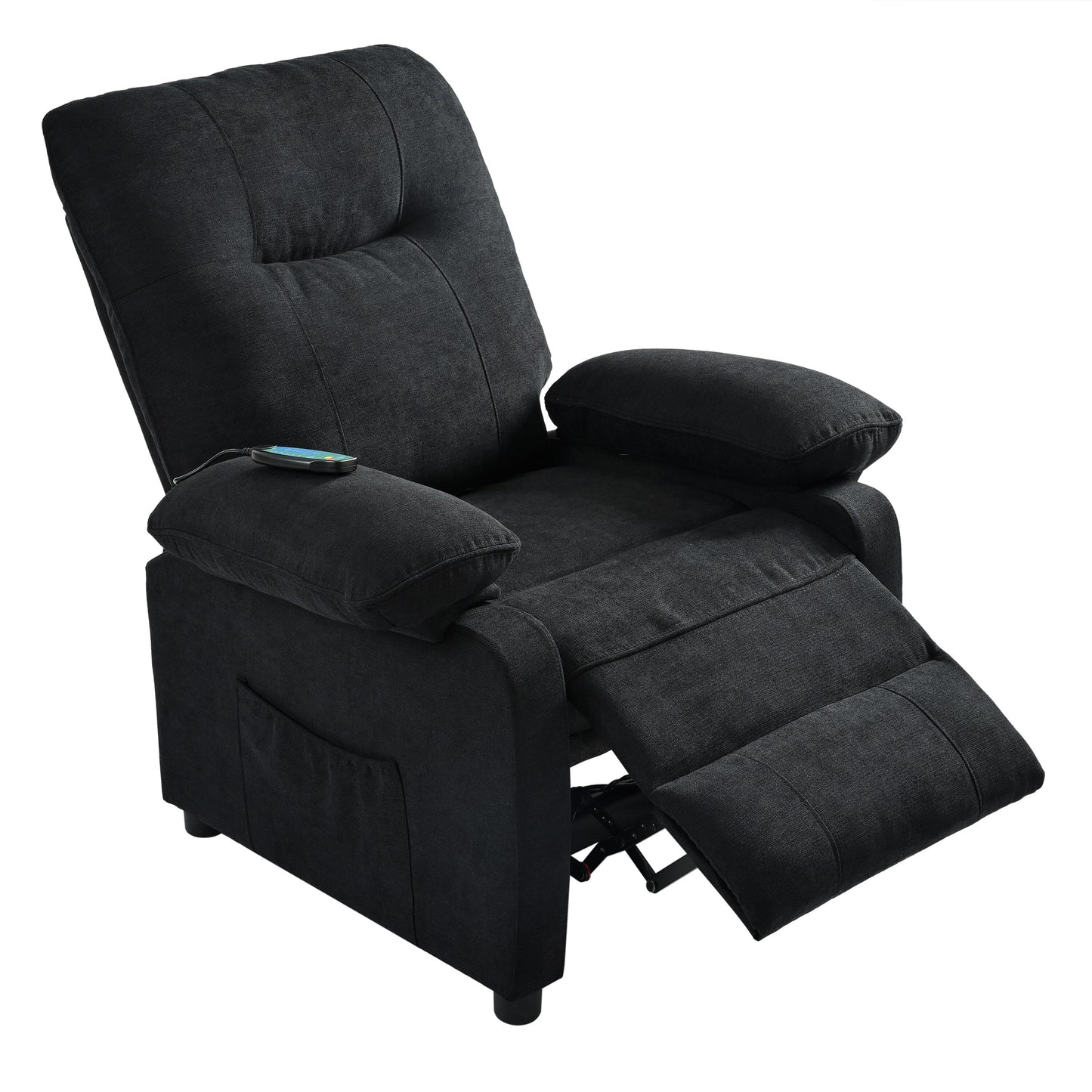 Black Upholstered Manual Recliner with Massage, Lumbar Heating, Pillow Top Arms, Side Pockets