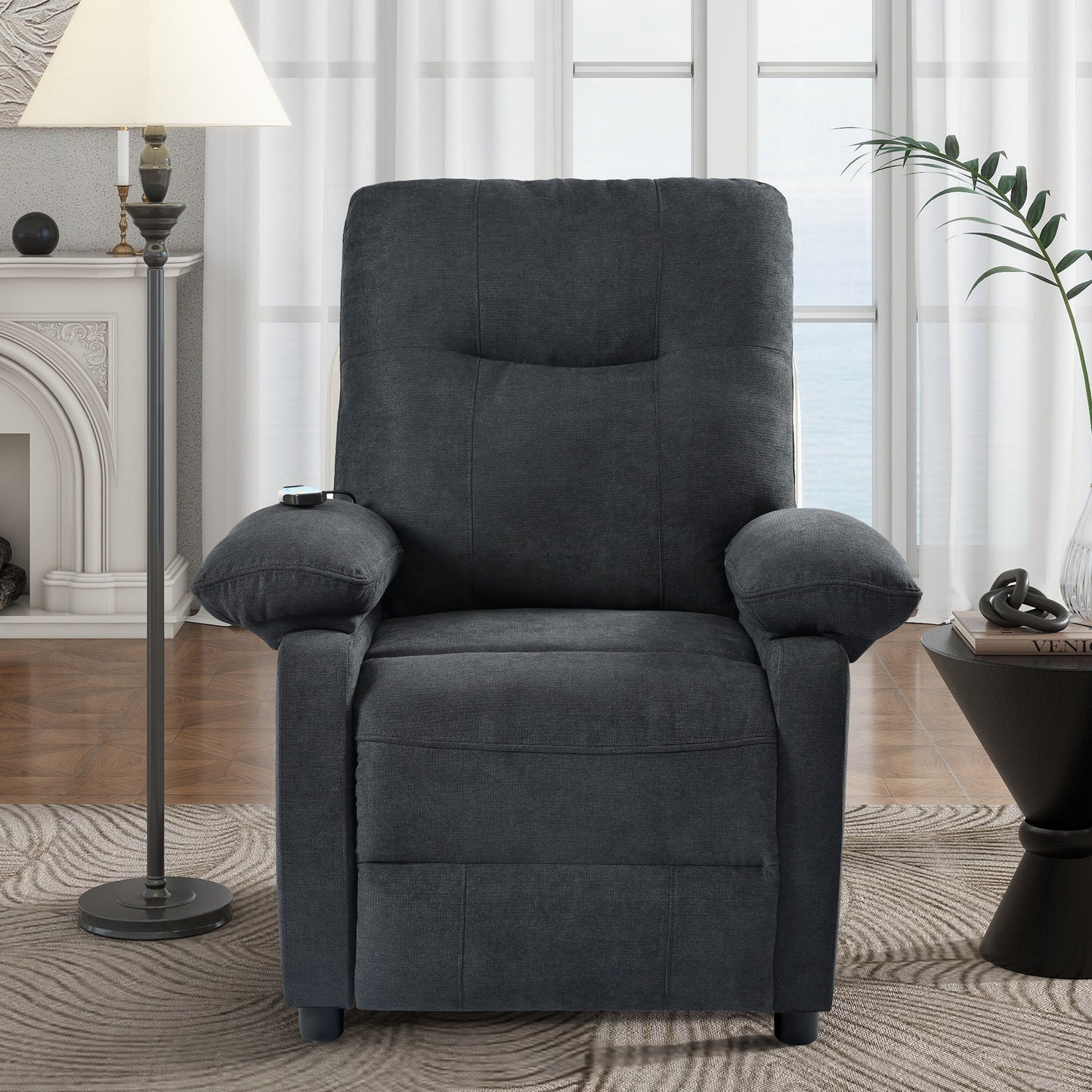 Black Upholstered Manual Recliner with Massage, Lumbar Heating, Pillow Top Arms, Side Pockets