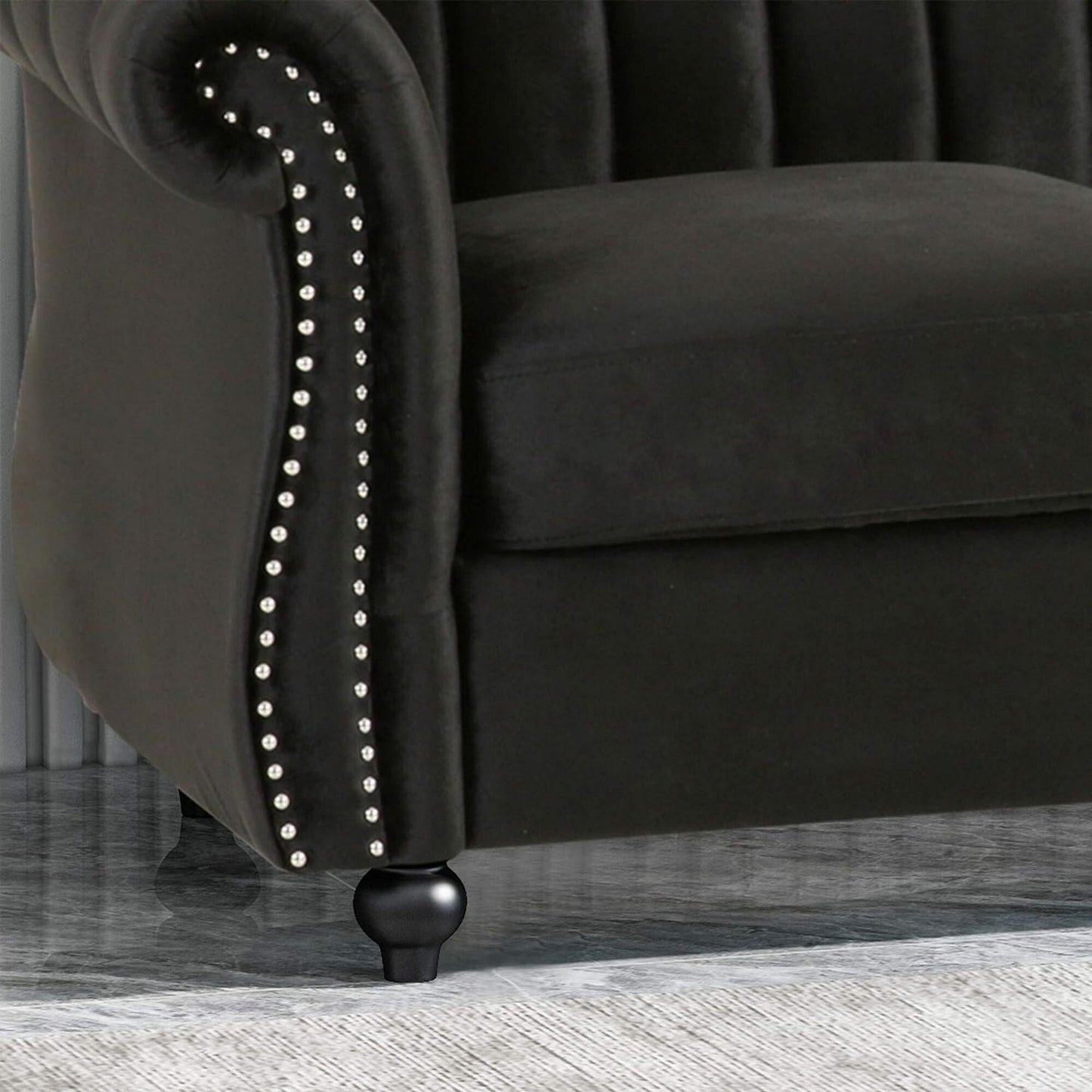 Black Velvet 3-seater Rolled Arms Sofa with Button Tufting